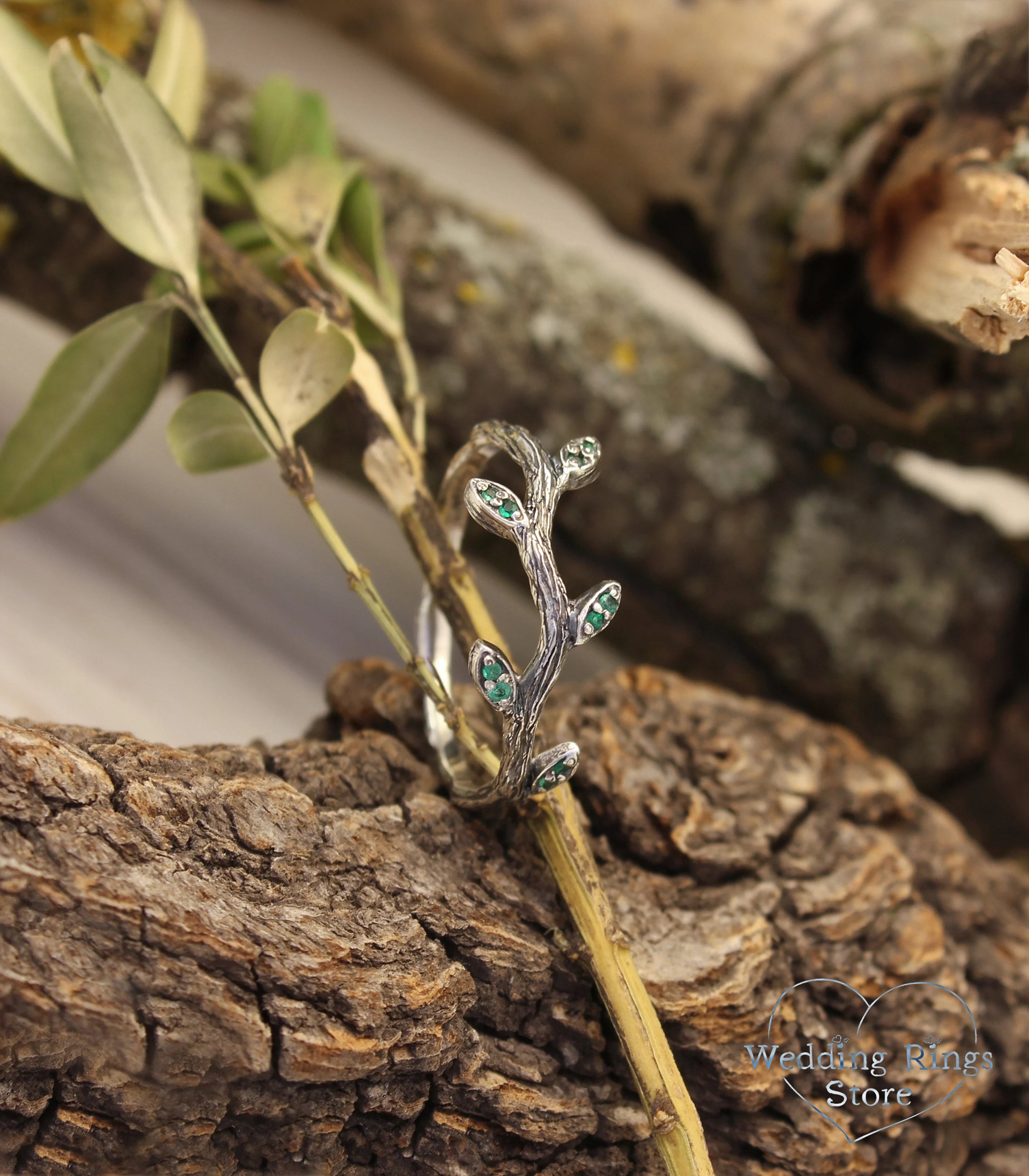 Tiny Branch with Leaves Ring — Emerald Engagement Ring