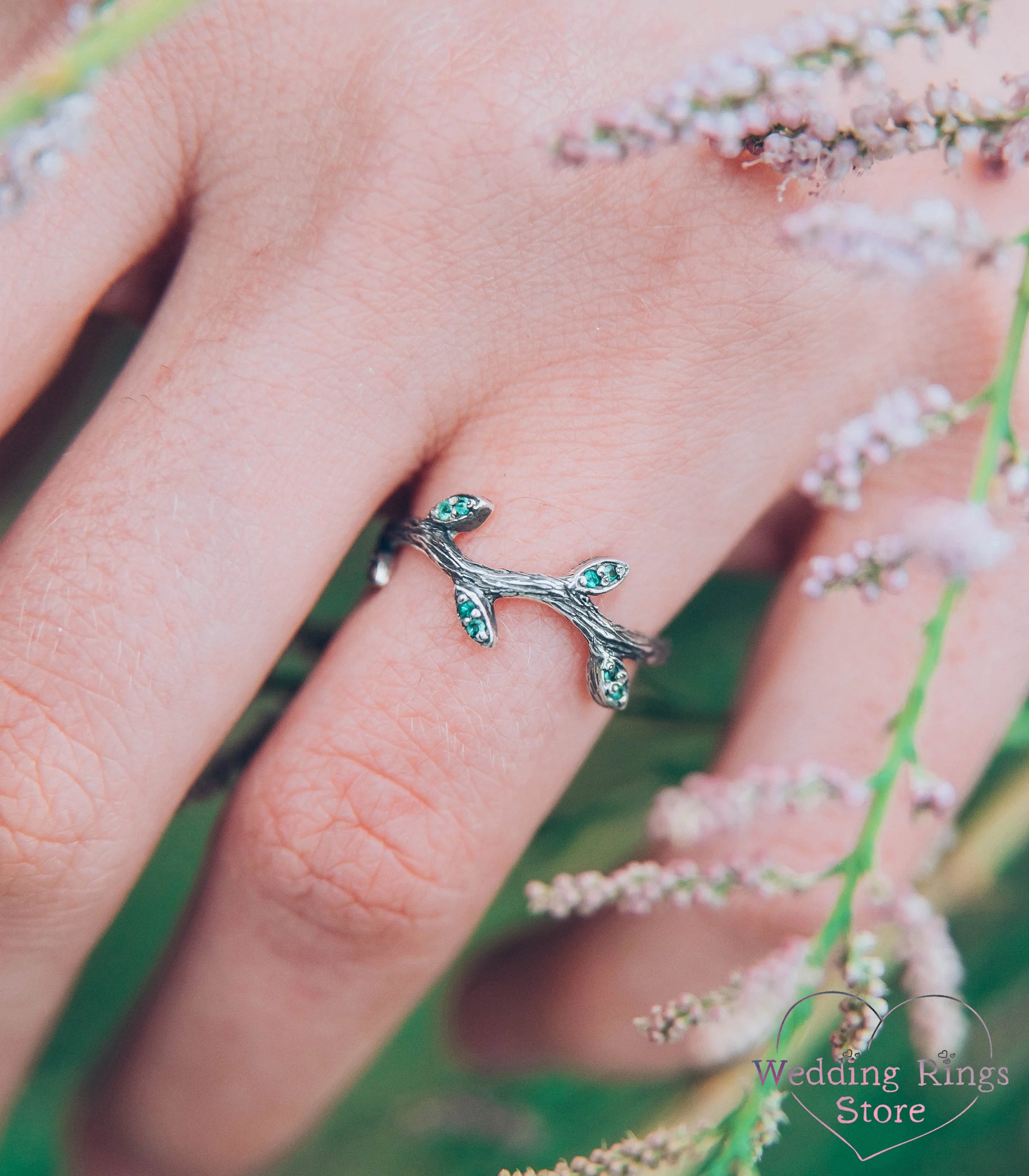 Tiny Branch with Leaves Ring — Emerald Engagement Ring