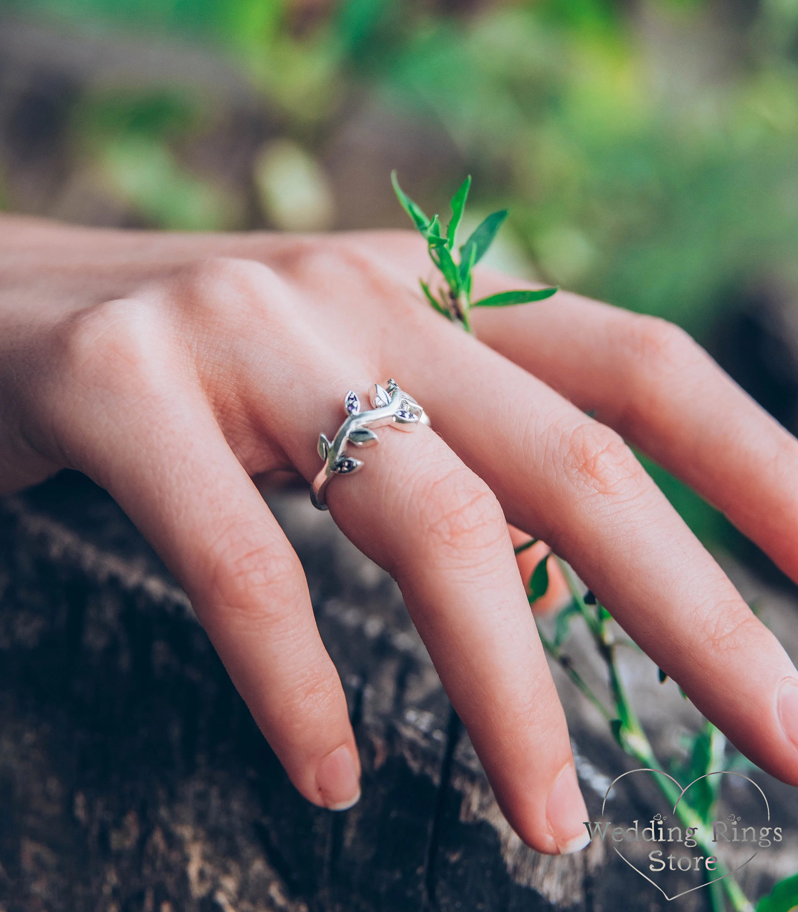 Amethyst Leaves on Silver Wavy Ring — Handmade Jewelry Gift