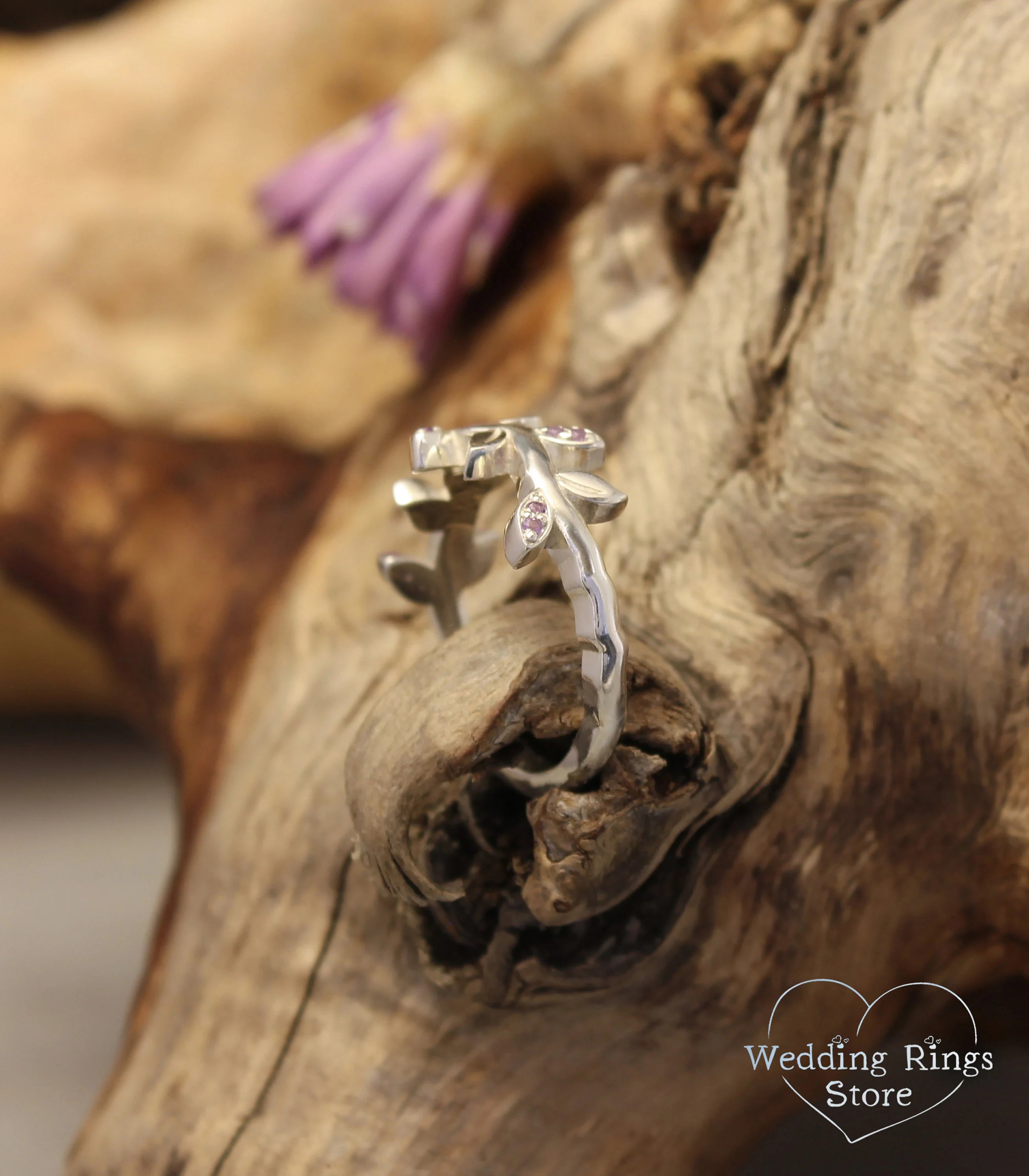 Amethyst Leaves on Silver Wavy Ring — Handmade Jewelry Gift