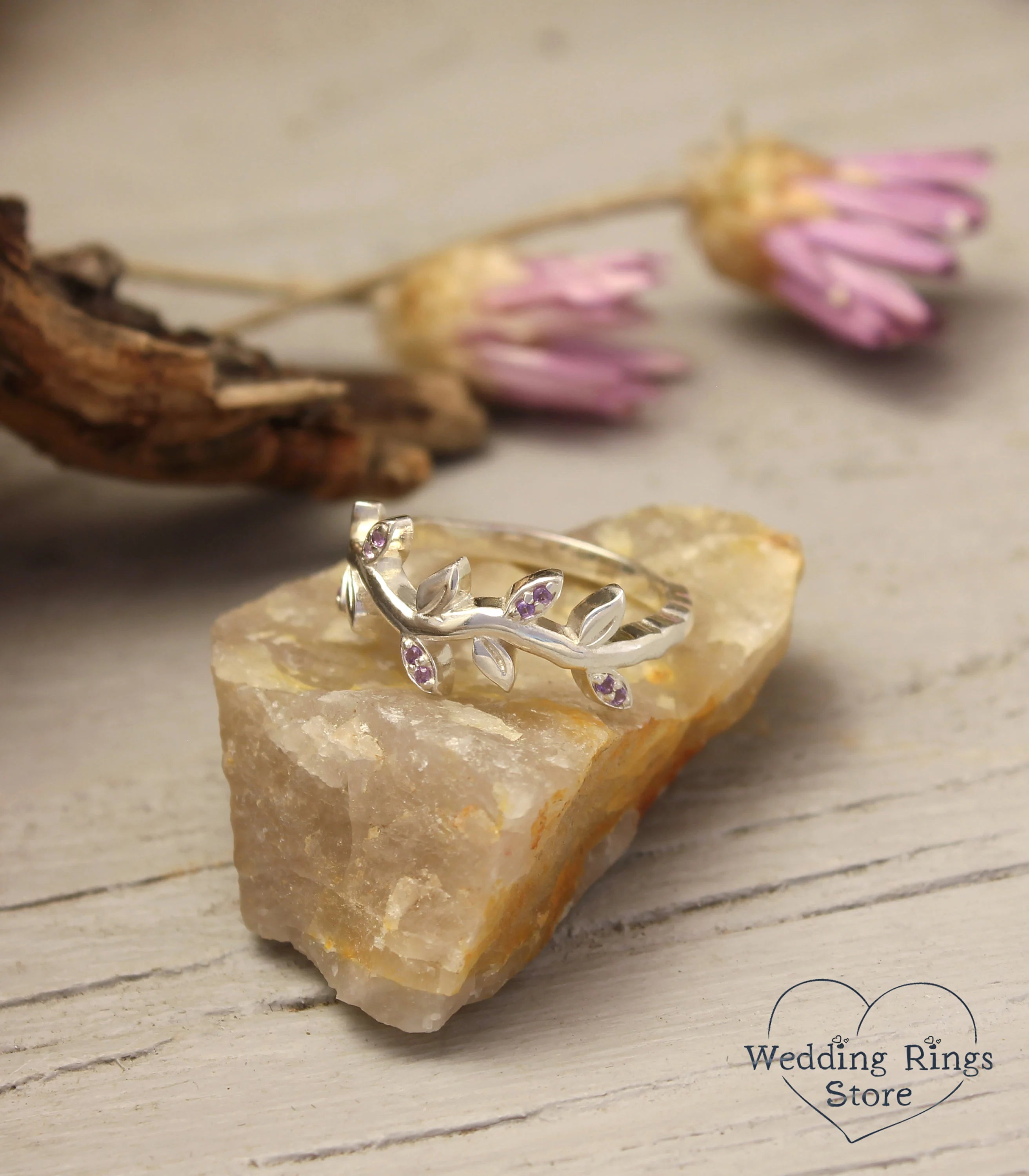 Amethyst Leaves on Silver Wavy Ring — Handmade Jewelry Gift