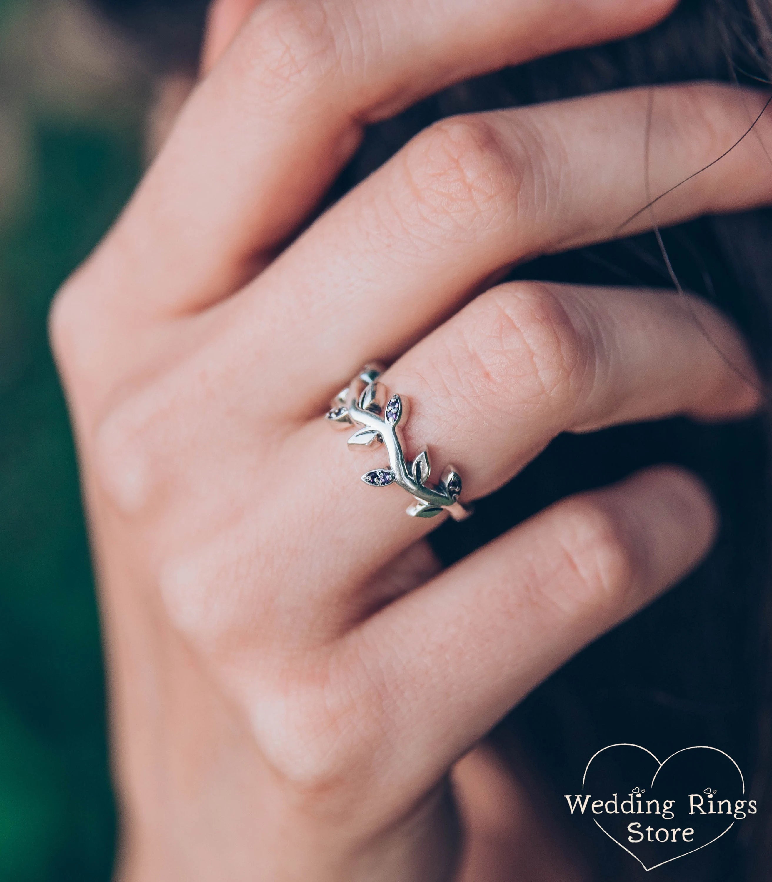 Amethyst Leaves on Silver Wavy Ring — Handmade Jewelry Gift