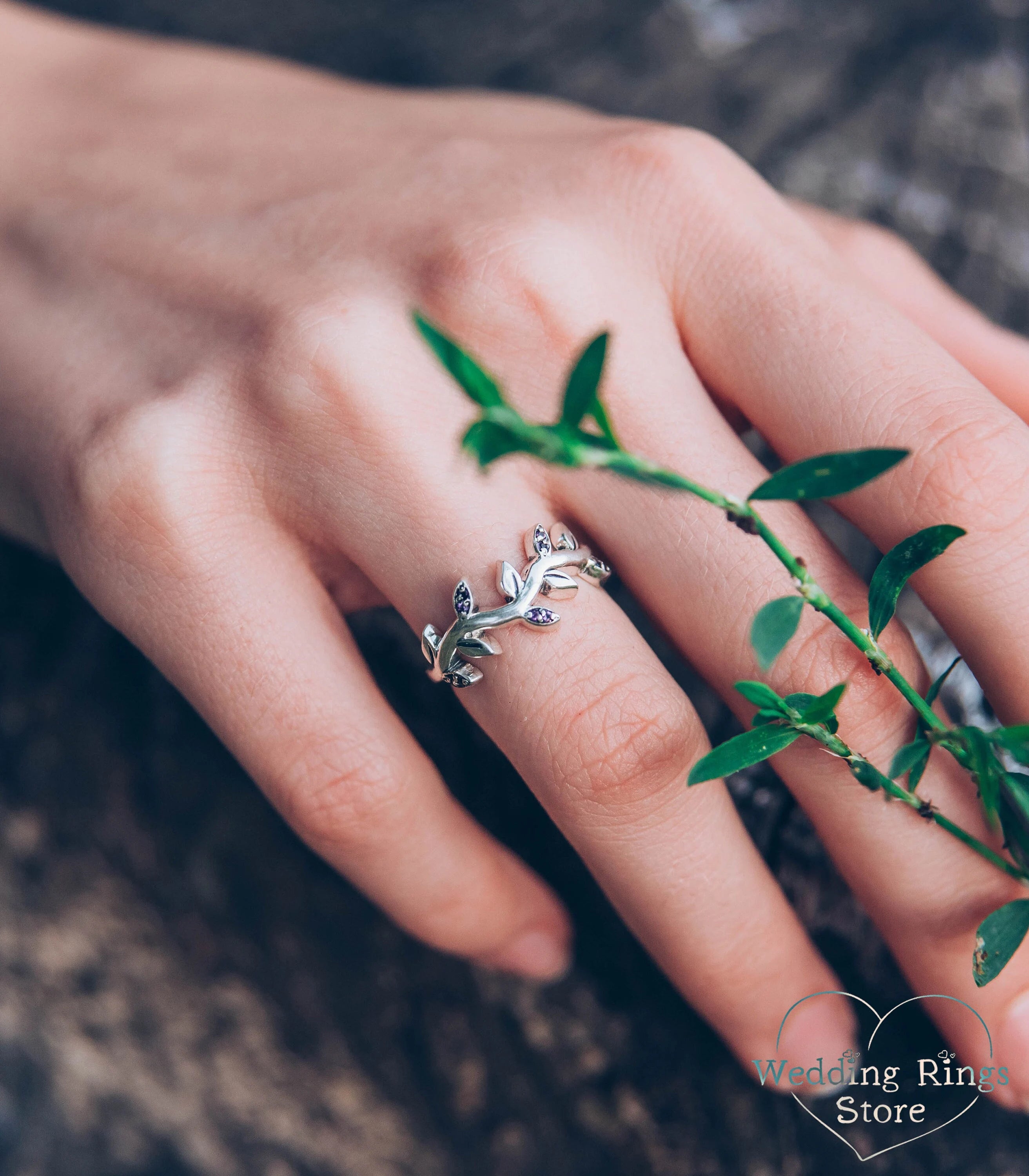 Amethyst Leaves on Silver Wavy Ring — Handmade Jewelry Gift