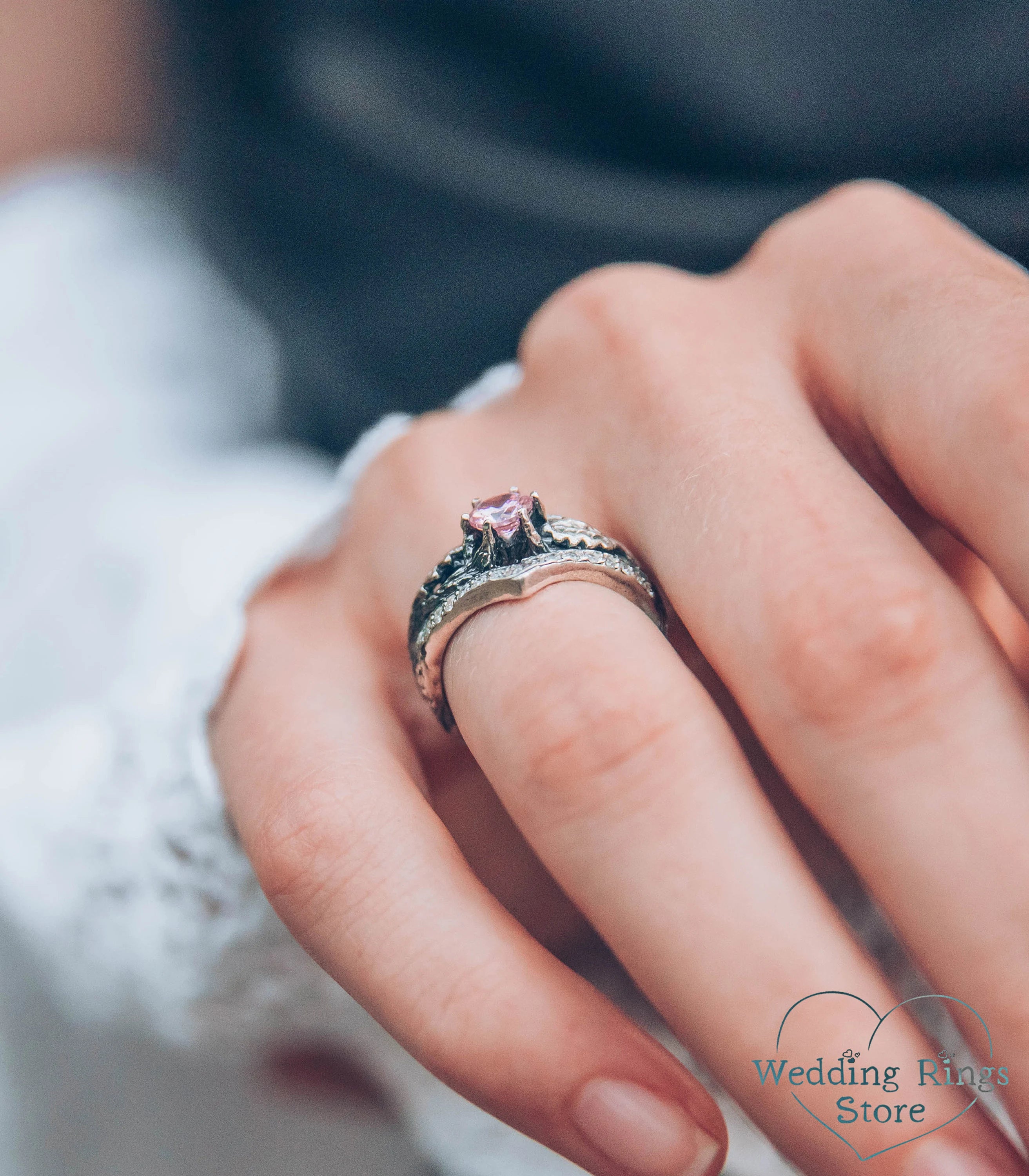 Oak Leaves Twig Chevron Engagement Ring Pink Tourmaline