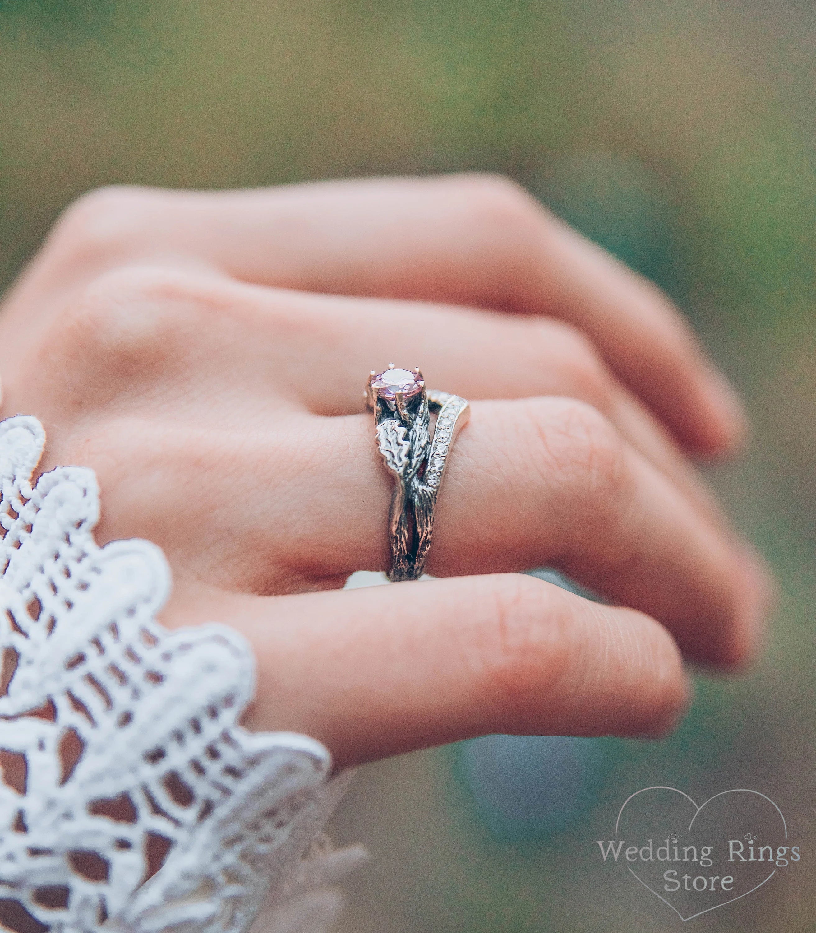 Oak Leaves Twig Chevron Engagement Ring Pink Tourmaline