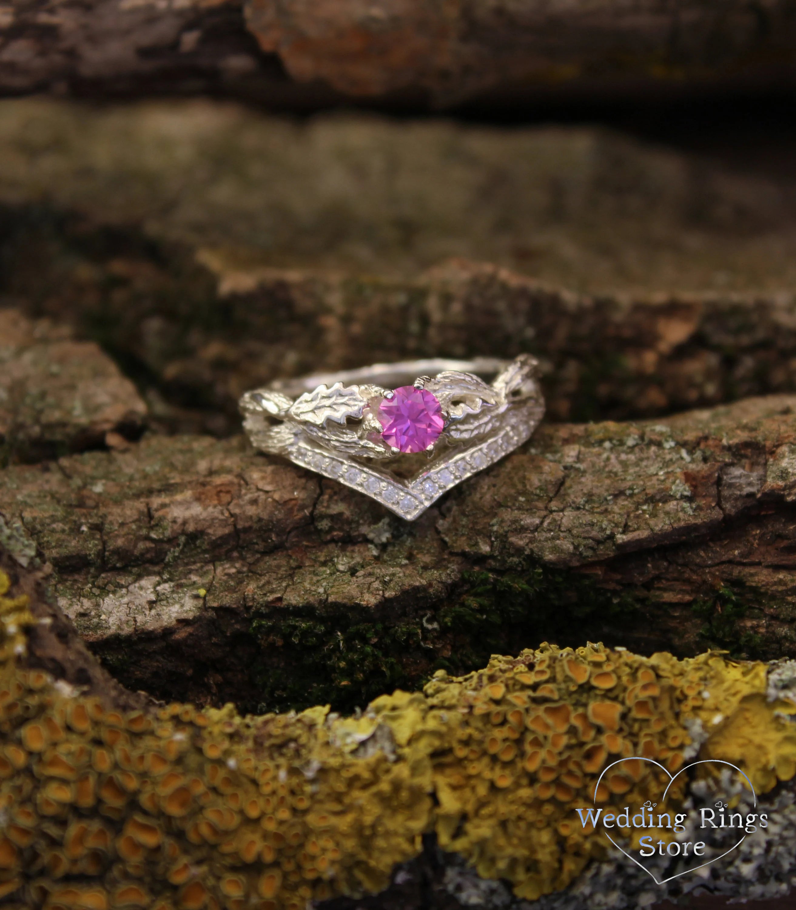 Oak Leaves Twig Chevron Engagement Ring Pink Tourmaline