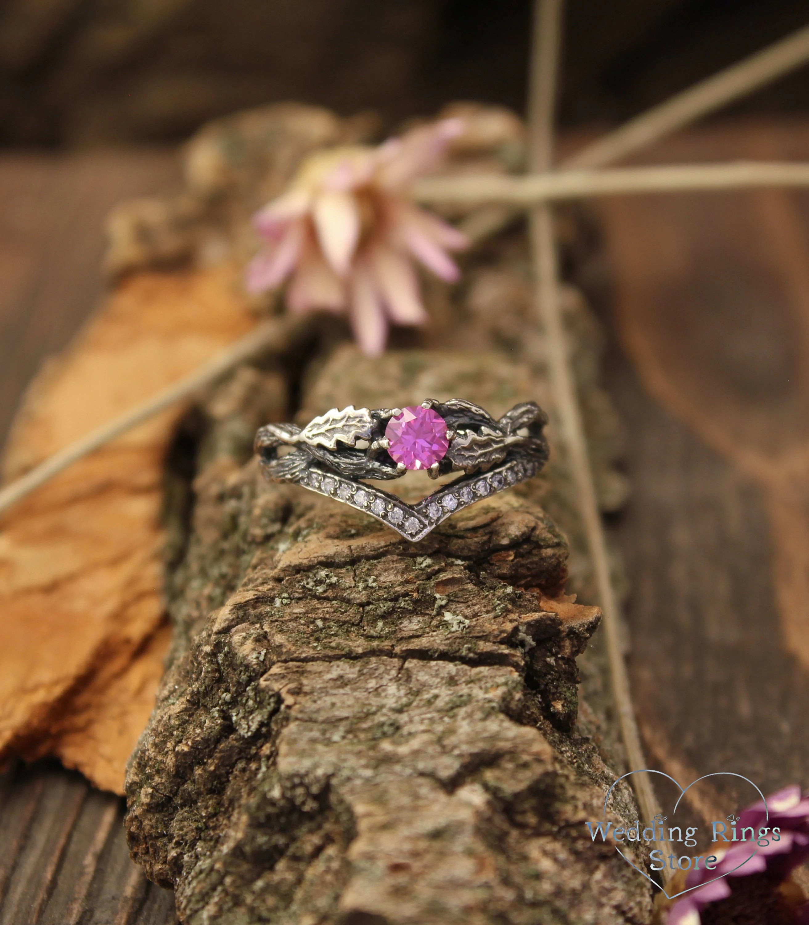 Oak Leaves Twig Chevron Engagement Ring Pink Tourmaline