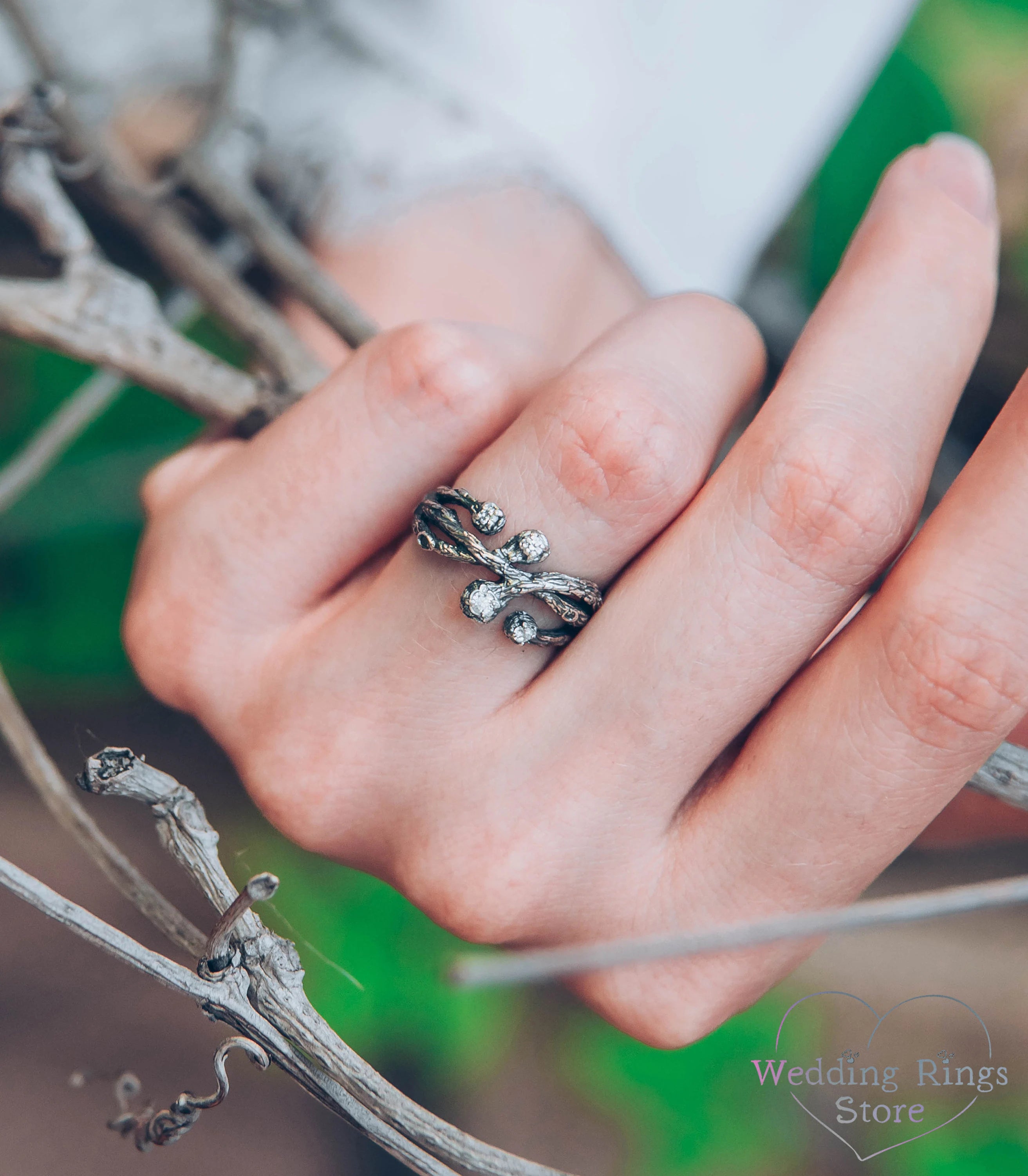 Intertwined Silver Branch Ring with 4 Gemstones