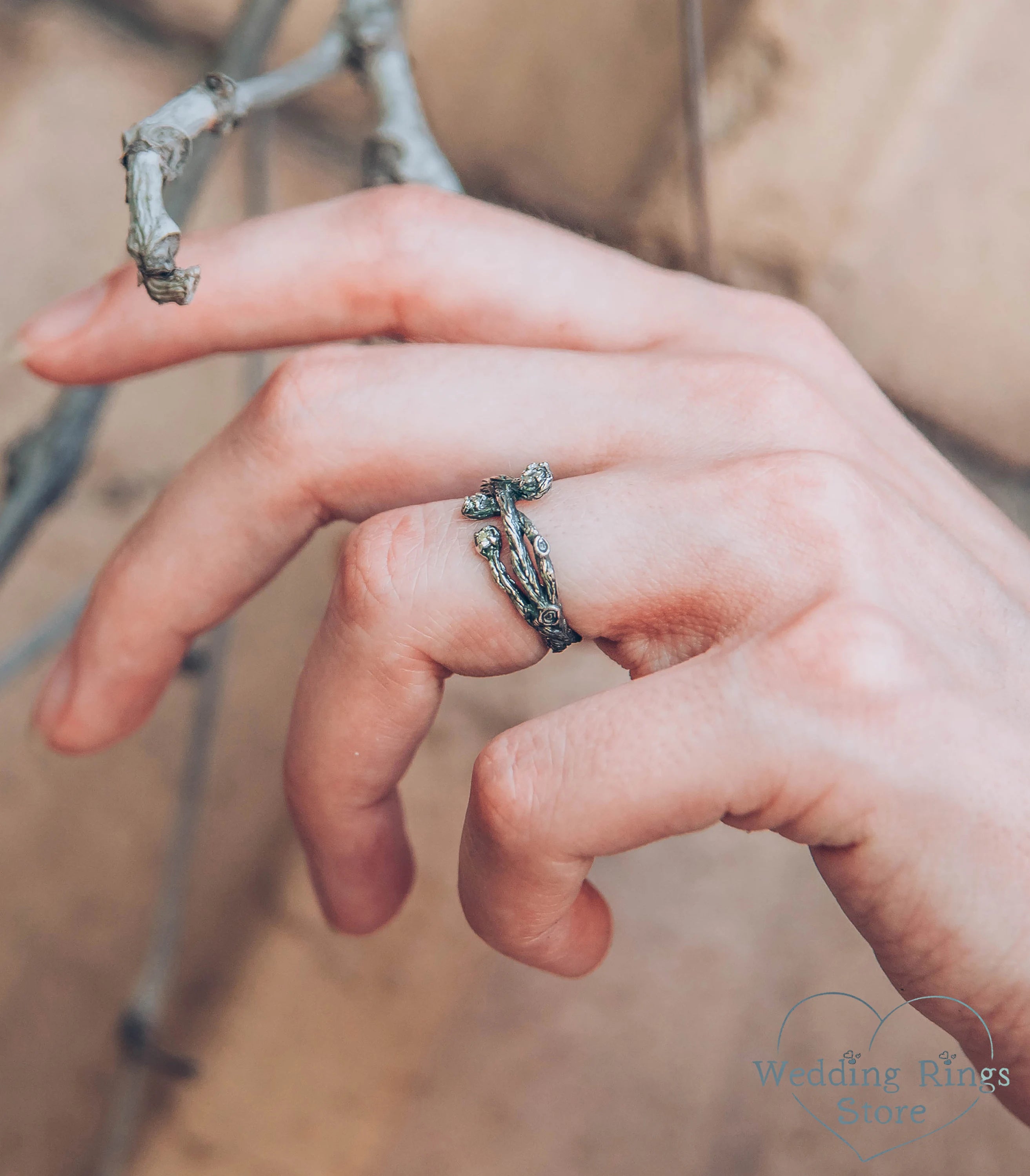 Intertwined Silver Branch Ring with 4 Gemstones