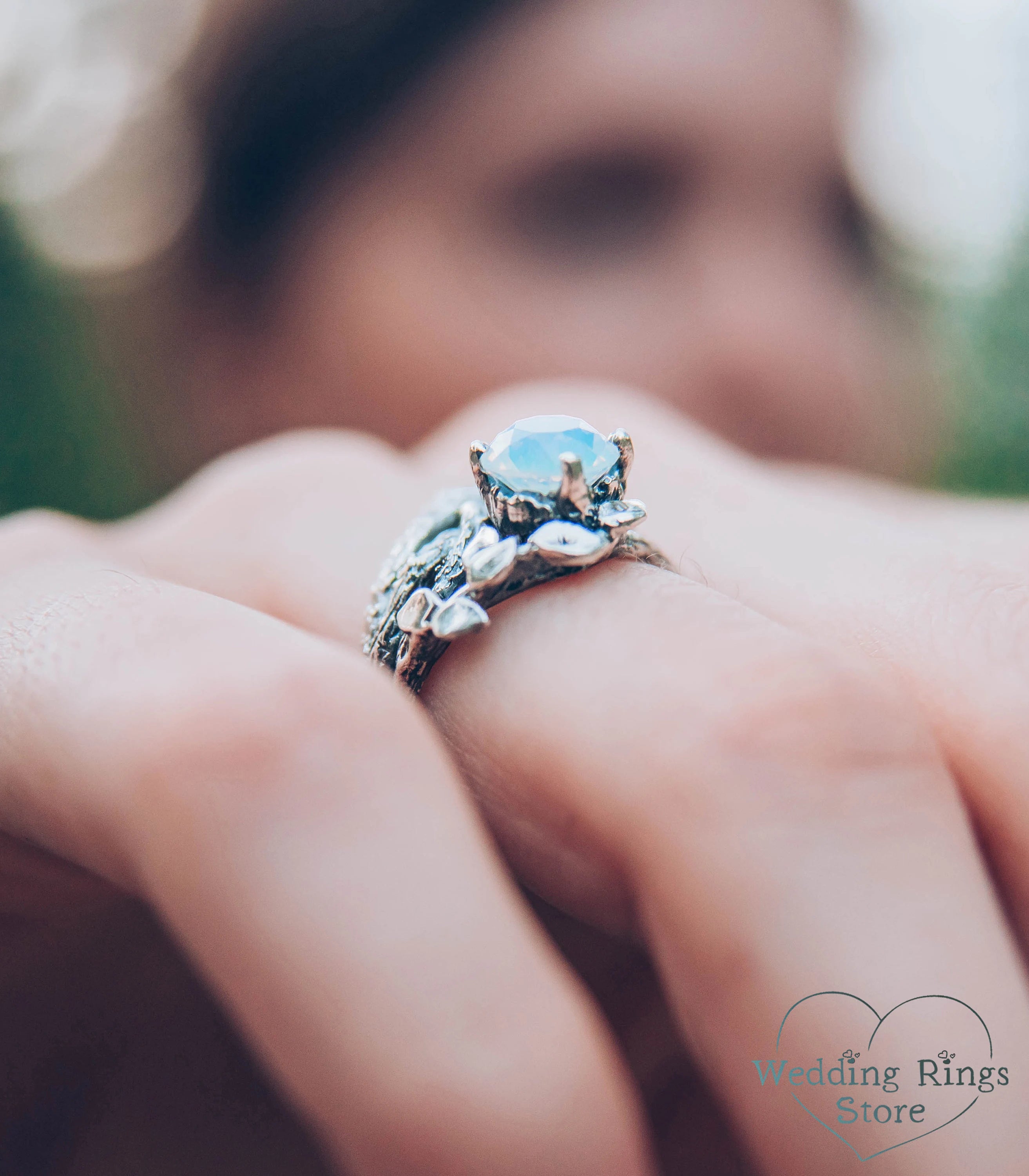 Silver Сhevron Engagement Ring Moonstone and Leaves