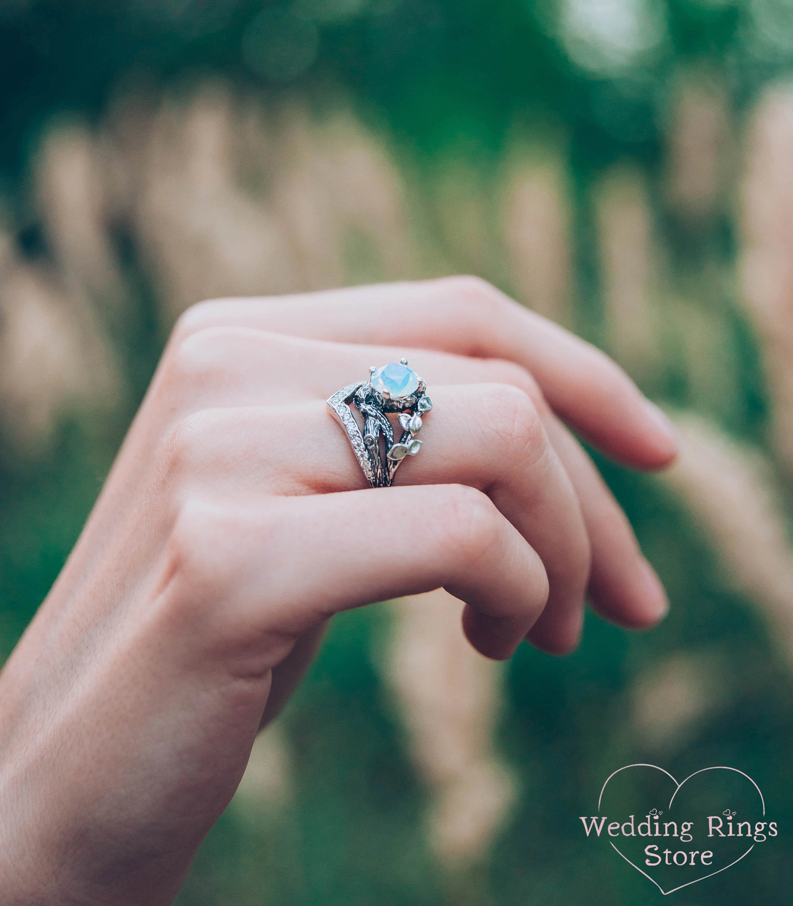 Silver Сhevron Engagement Ring Moonstone and Leaves