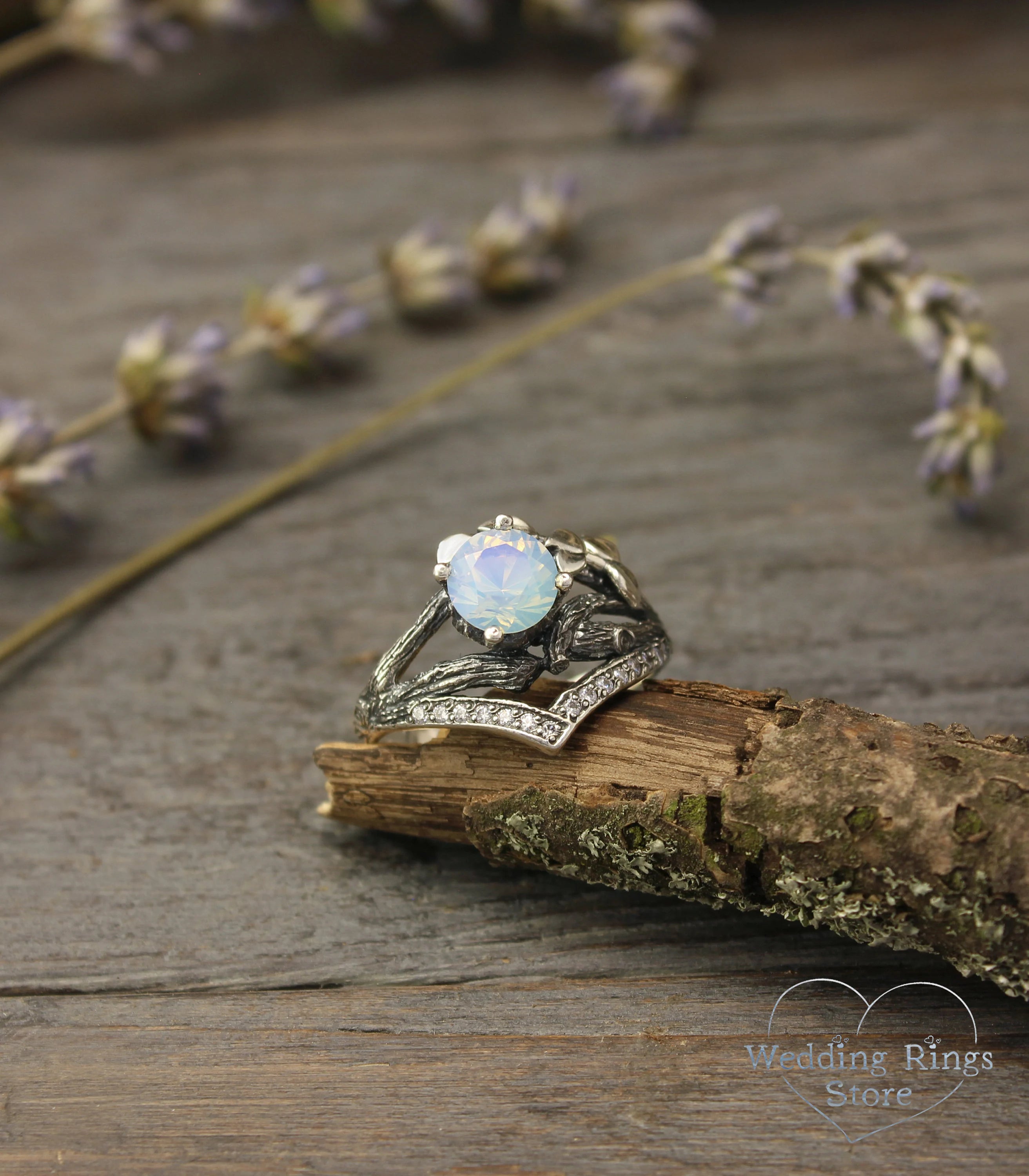 Silver Сhevron Engagement Ring Moonstone and Leaves