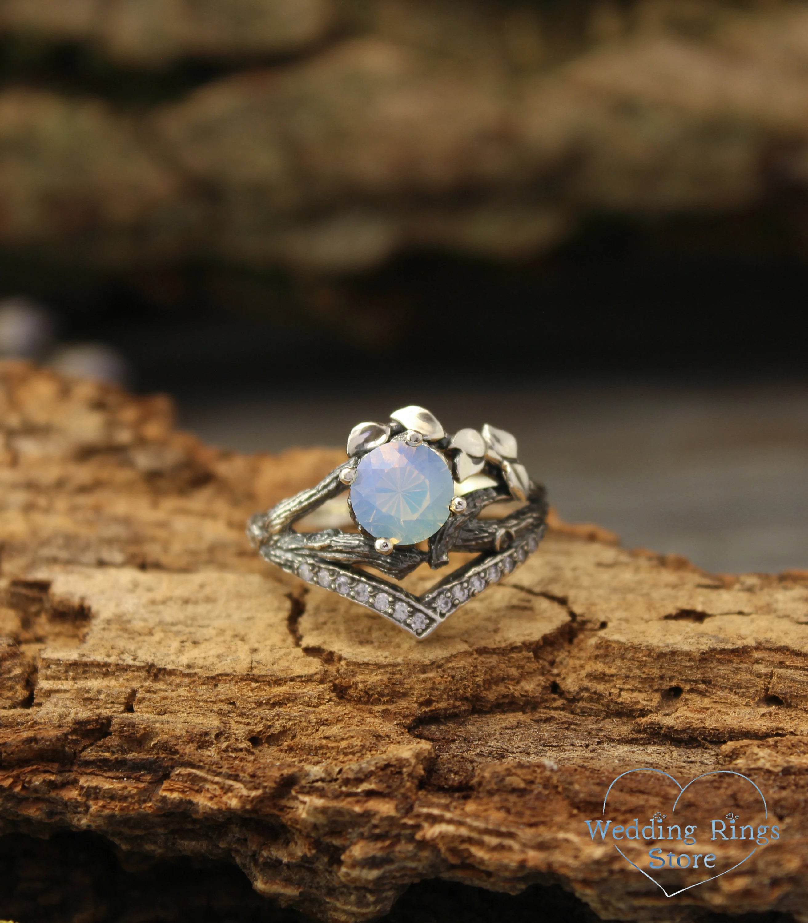 Silver Сhevron Engagement Ring Moonstone and Leaves