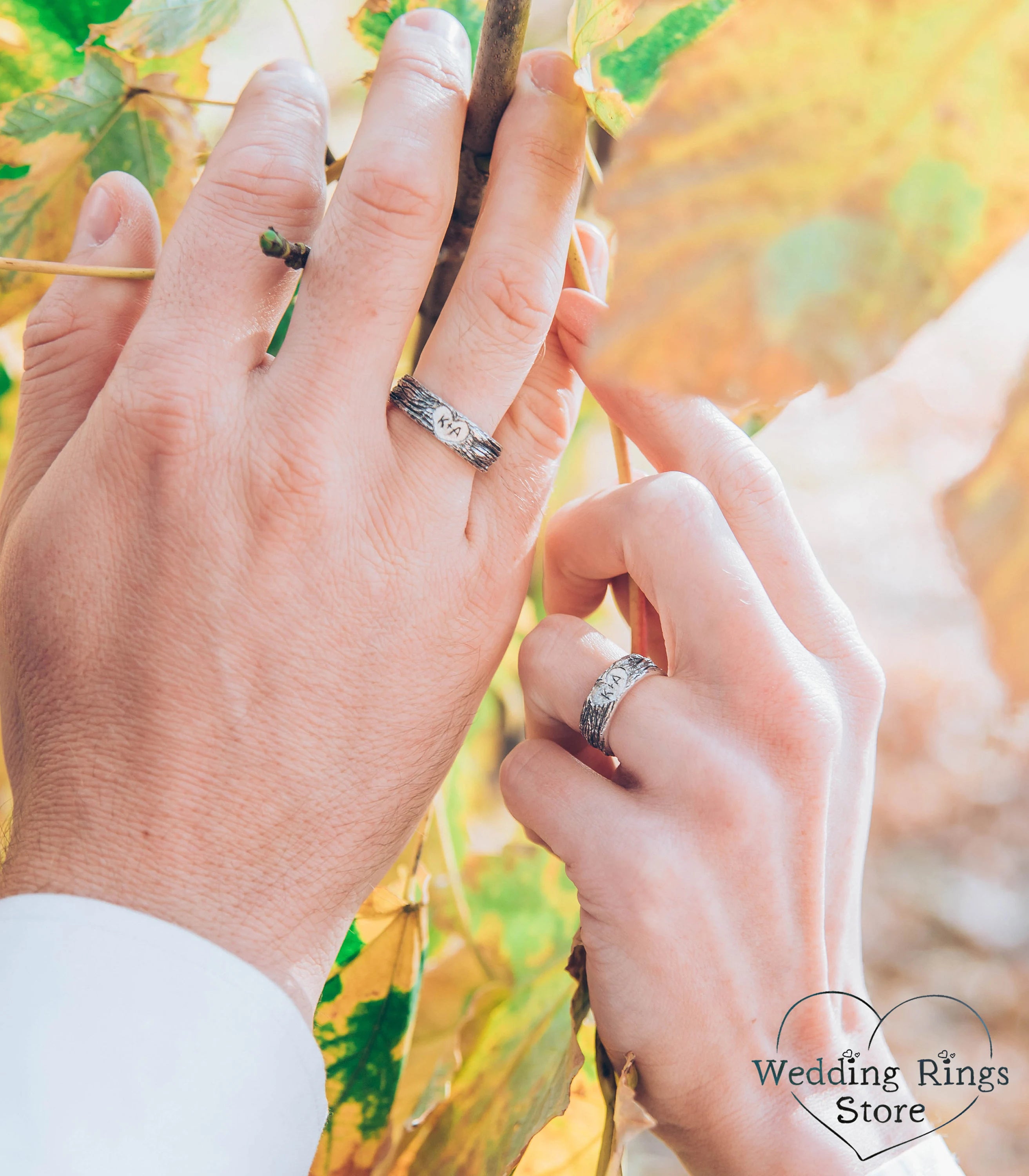 Personalized Initials in Hearts Tree Bark Couple Rings 925