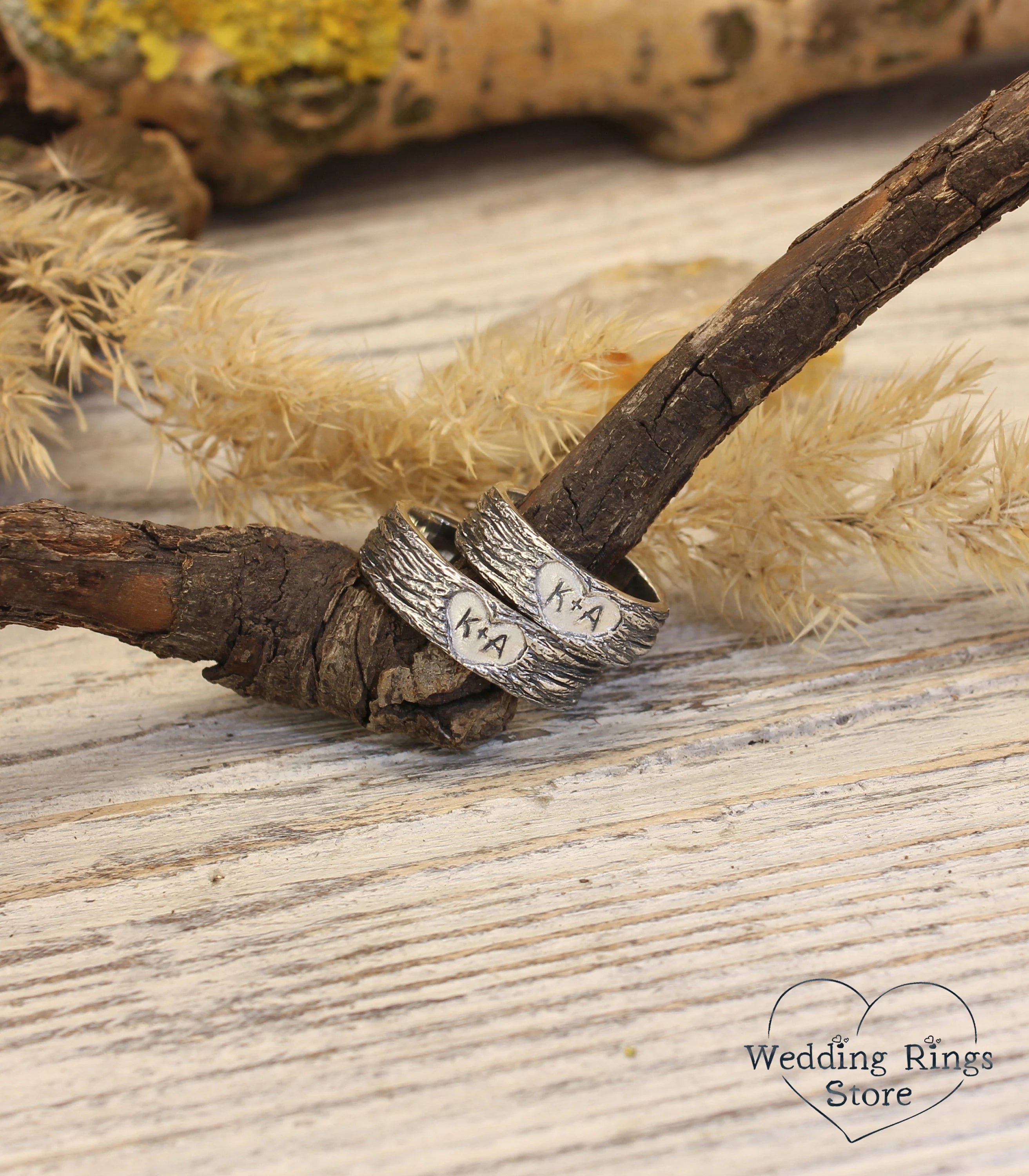 Personalized Initials in Hearts Tree Bark Couple Rings 925