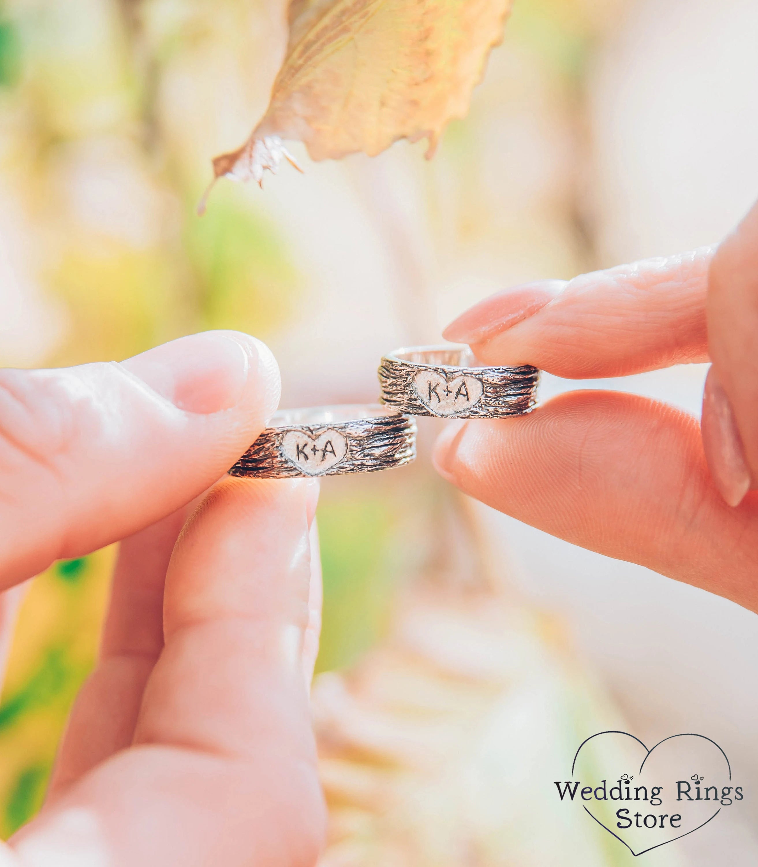 Personalized Initials in Hearts Tree Bark Couple Rings 925