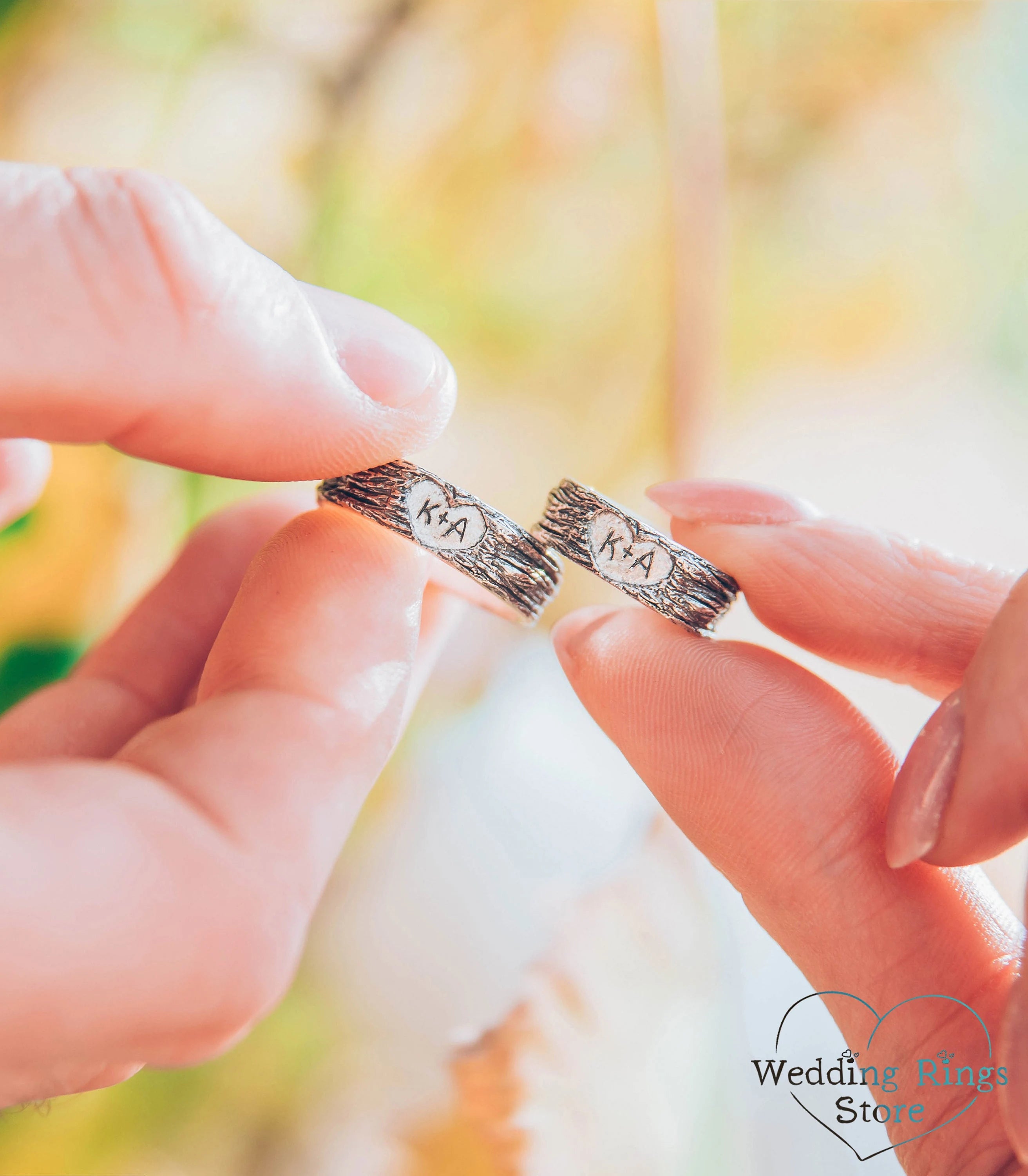 Personalized Initials in Hearts Tree Bark Couple Rings 925