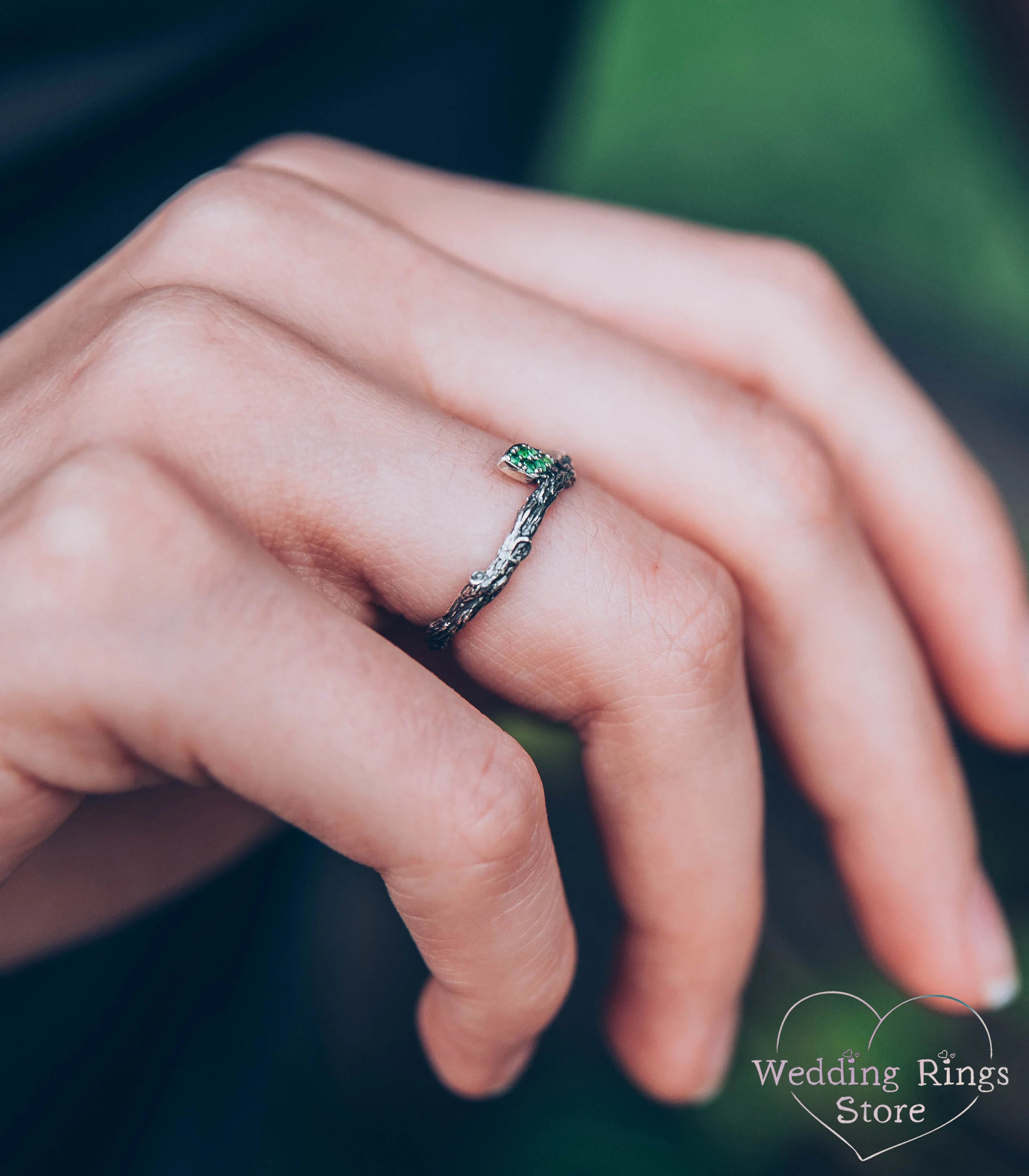 Minimalist Silver Stacking Twig Ring & Emerald Leaf