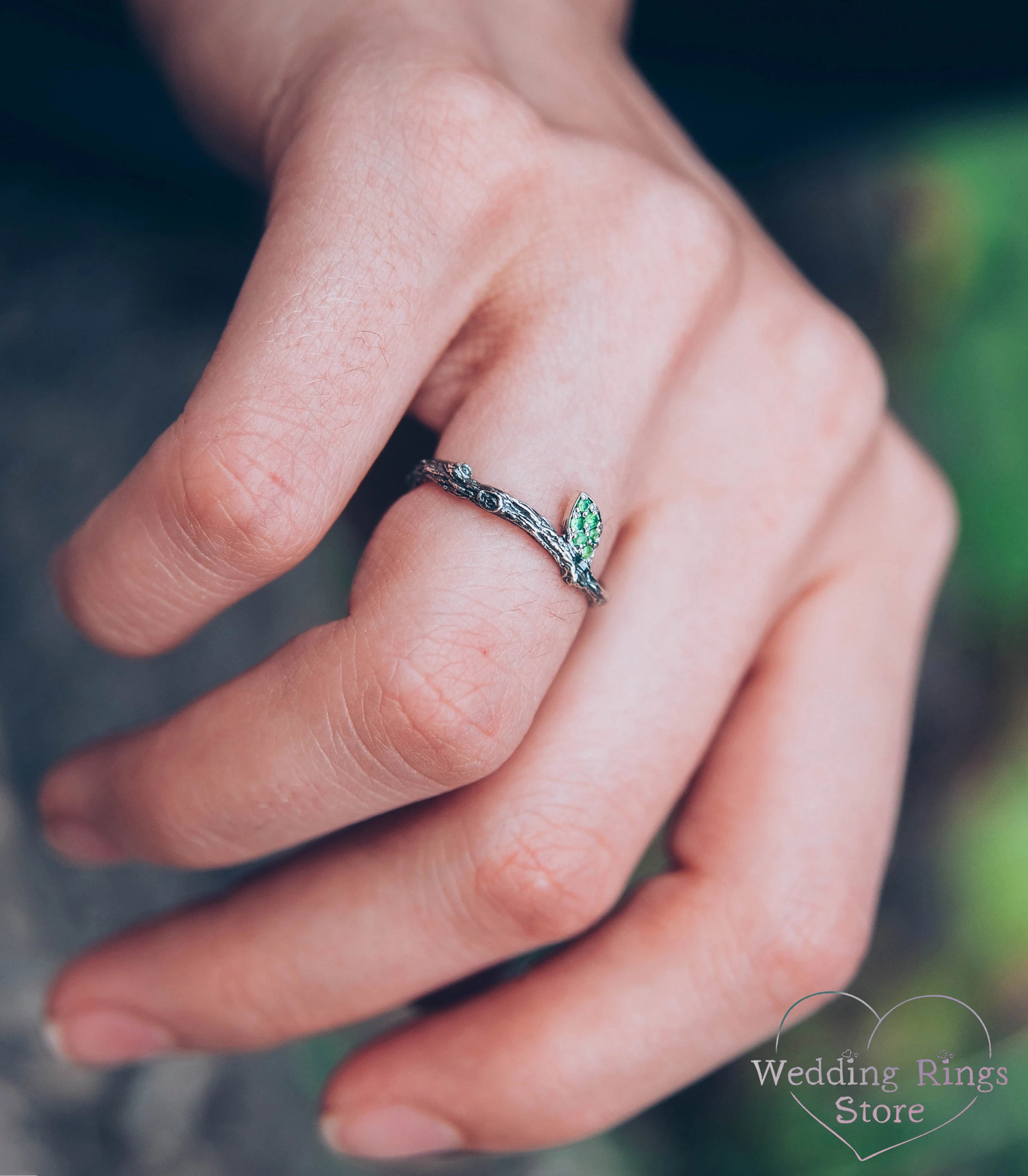 Minimalist Silver Stacking Twig Ring & Emerald Leaf