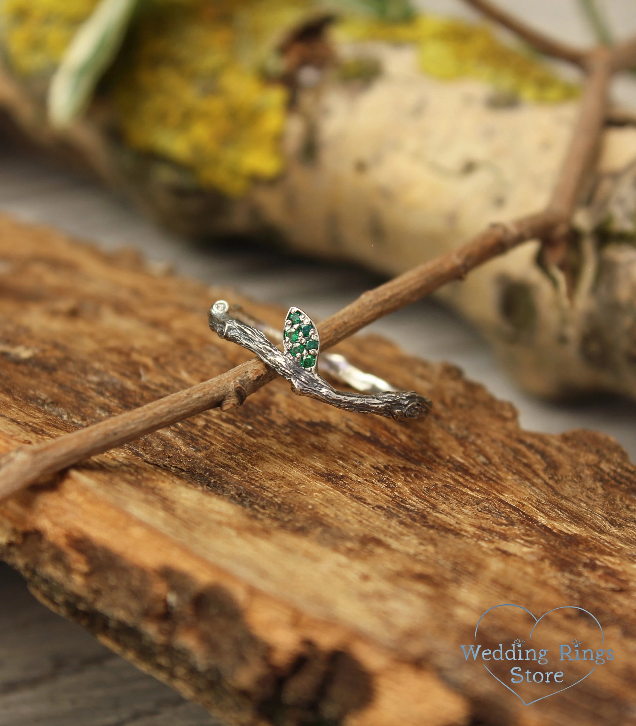 Minimalist Silver Stacking Twig Ring & Emerald Leaf