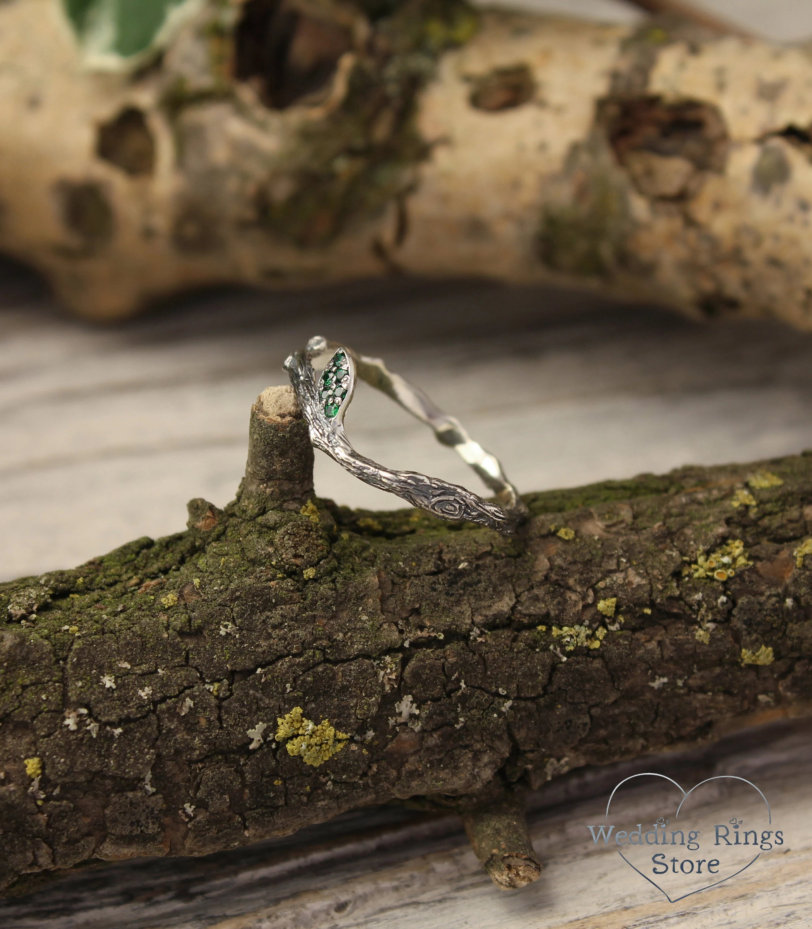 Minimalist Silver Stacking Twig Ring & Emerald Leaf