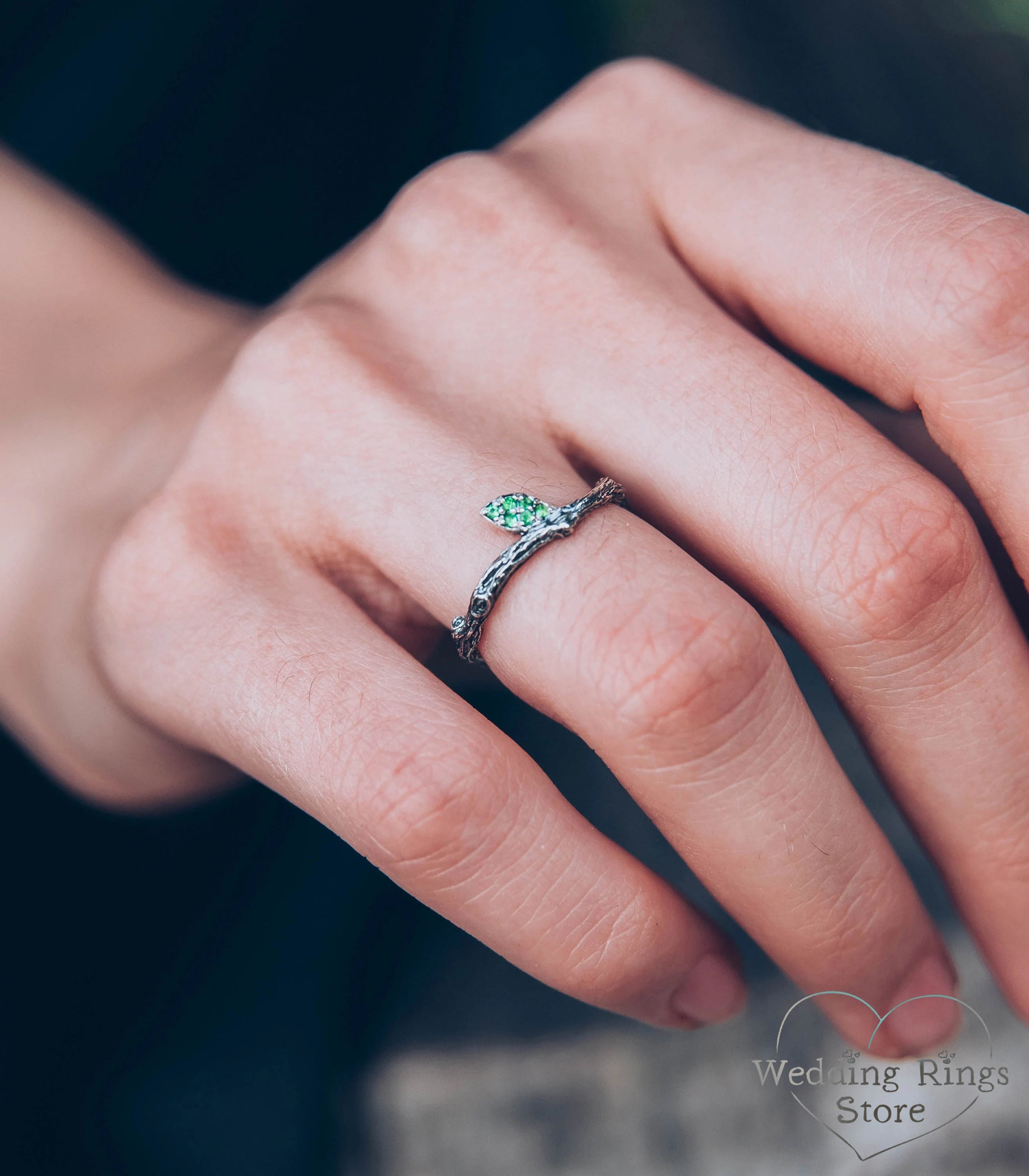 Minimalist Silver Stacking Twig Ring & Emerald Leaf