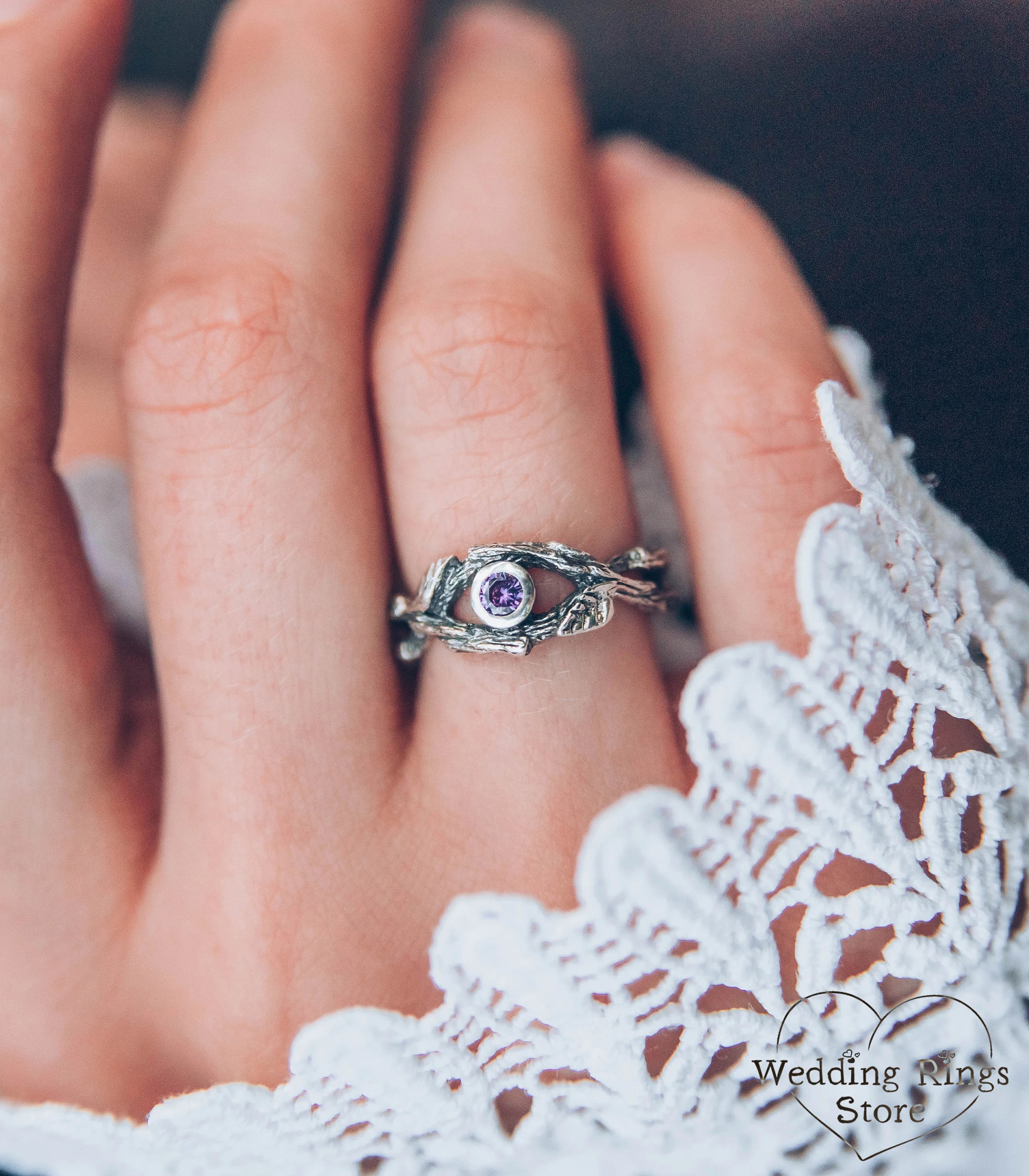 Silver Braided Branch and Leaves with Amethyst Engagement Ring