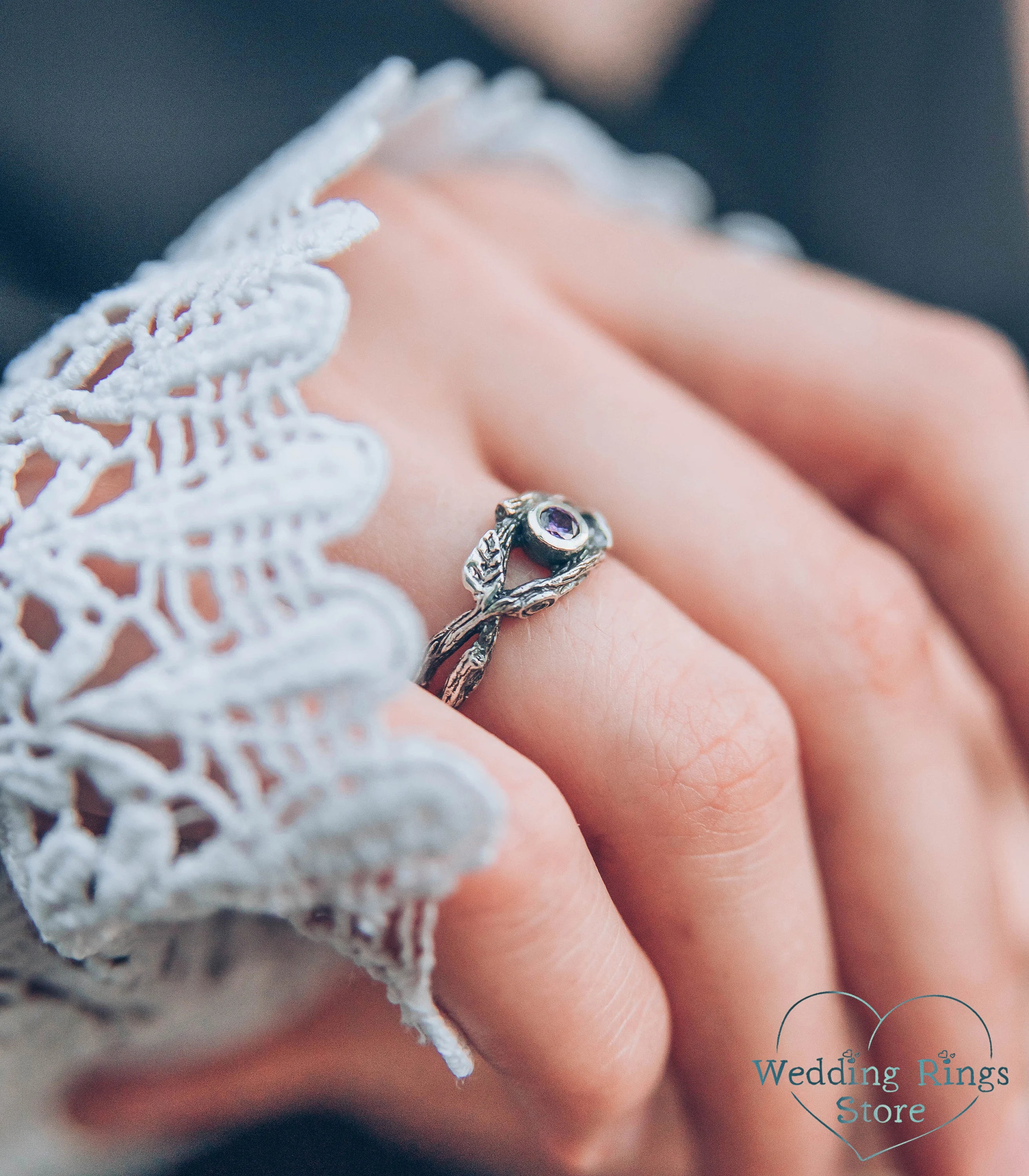 Silver Braided Branch and Leaves with Amethyst Engagement Ring