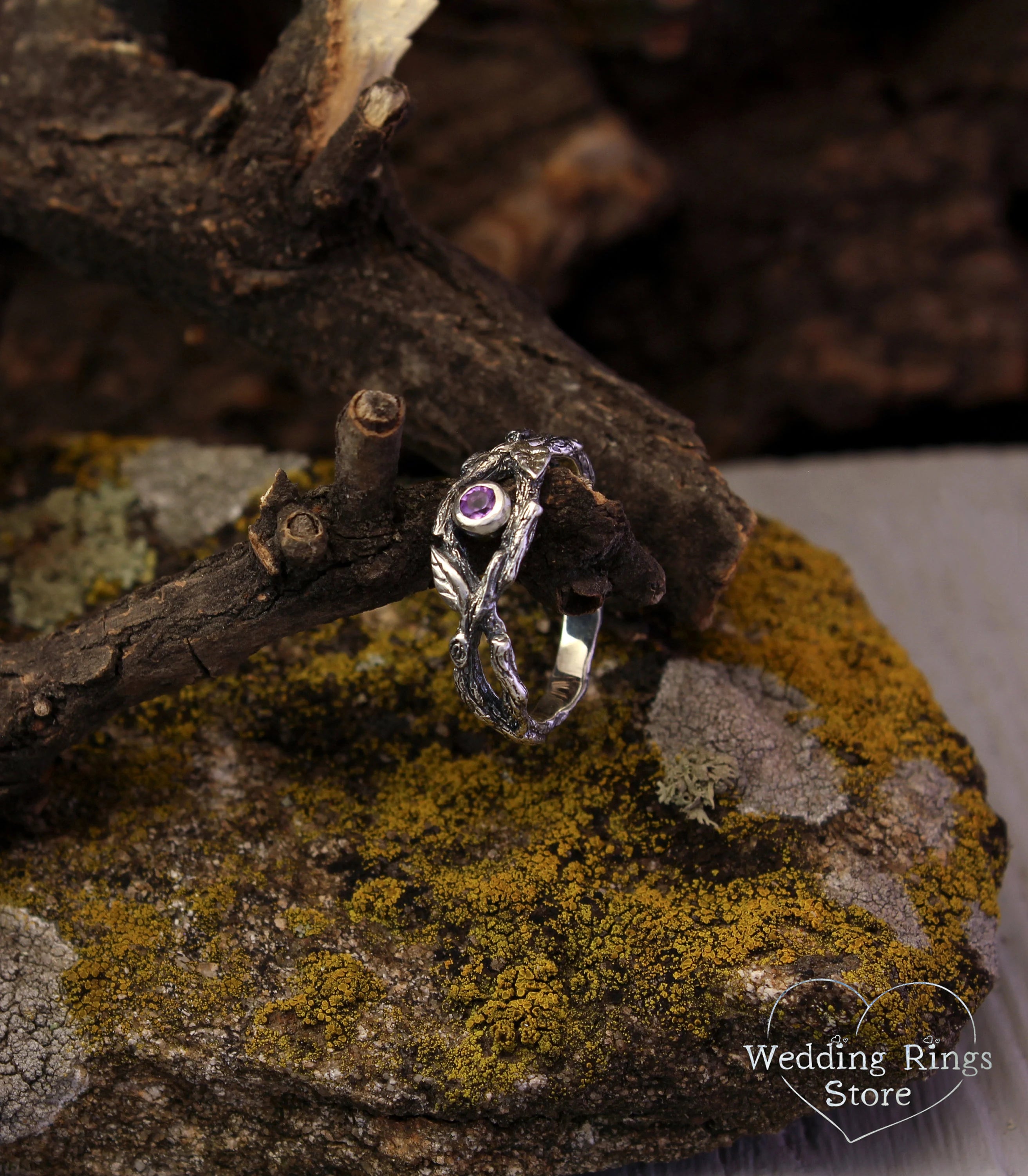 Silver Braided Branch and Leaves with Amethyst Engagement Ring