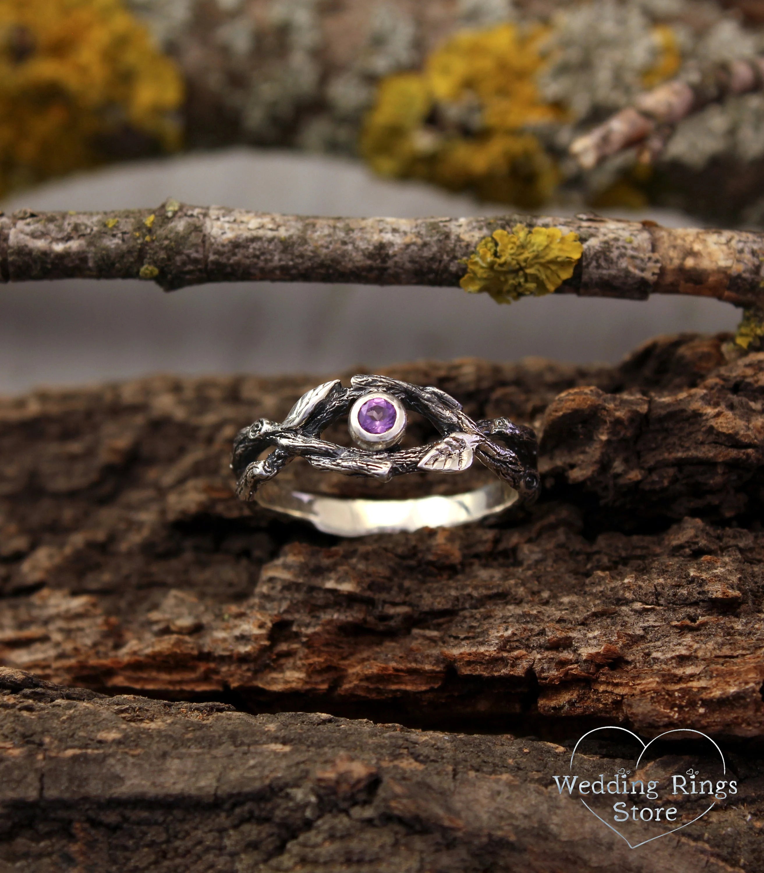 Silver Braided Branch and Leaves with Amethyst Engagement Ring