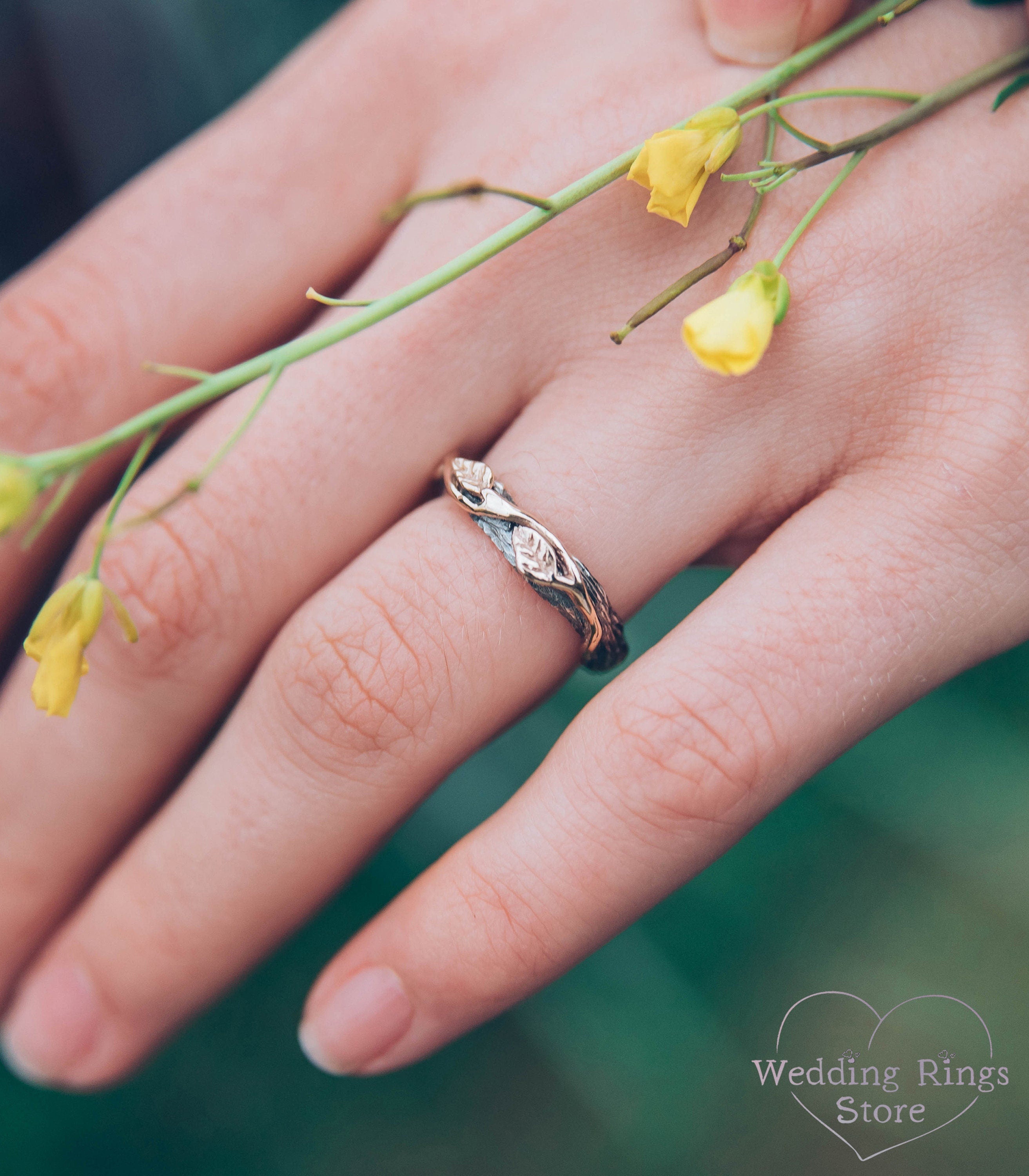 Cute Silver Branch & Gold Leaves Wedding Ring