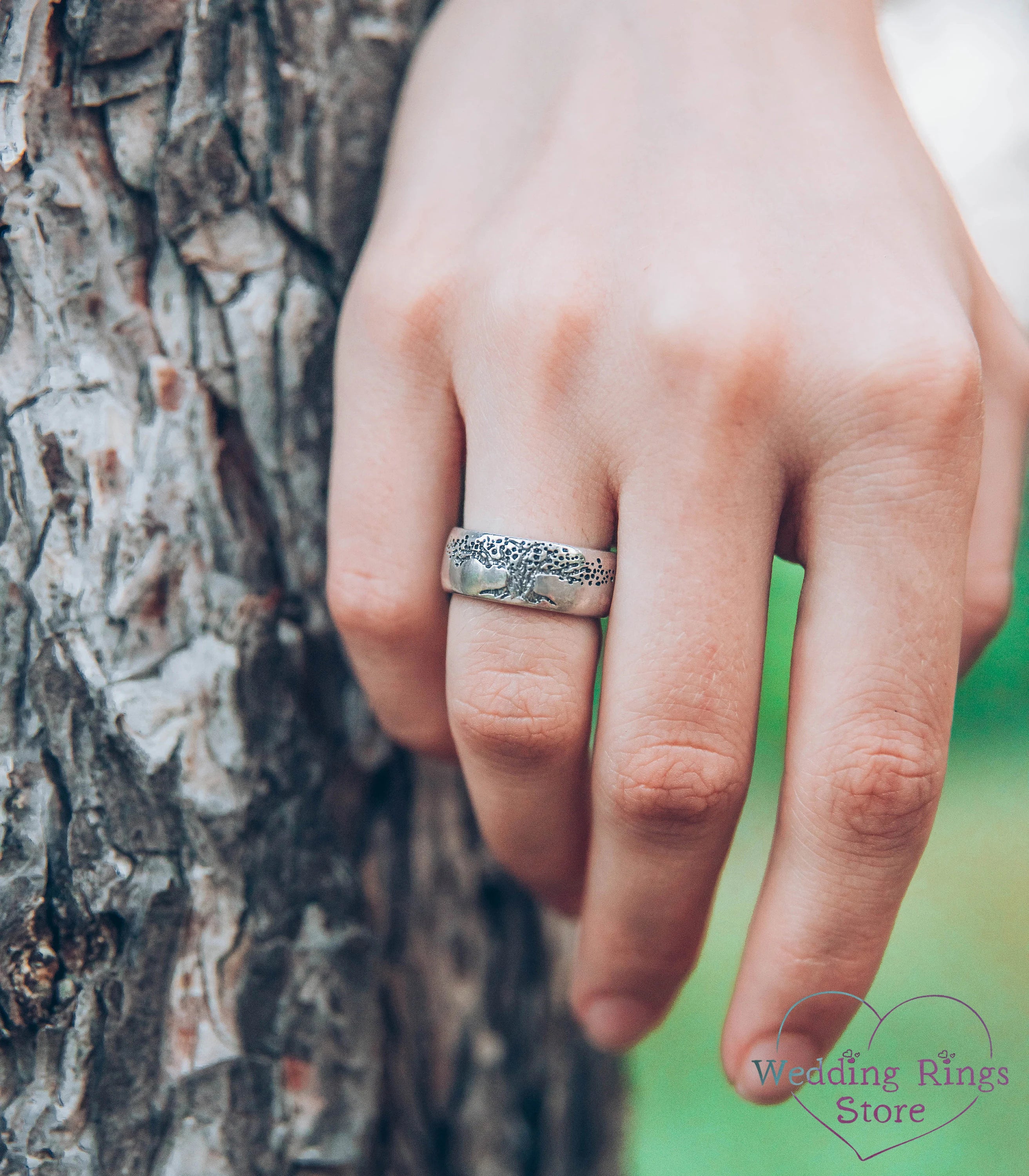 Family Tree Unique Silver Couple Wedding Bands Set