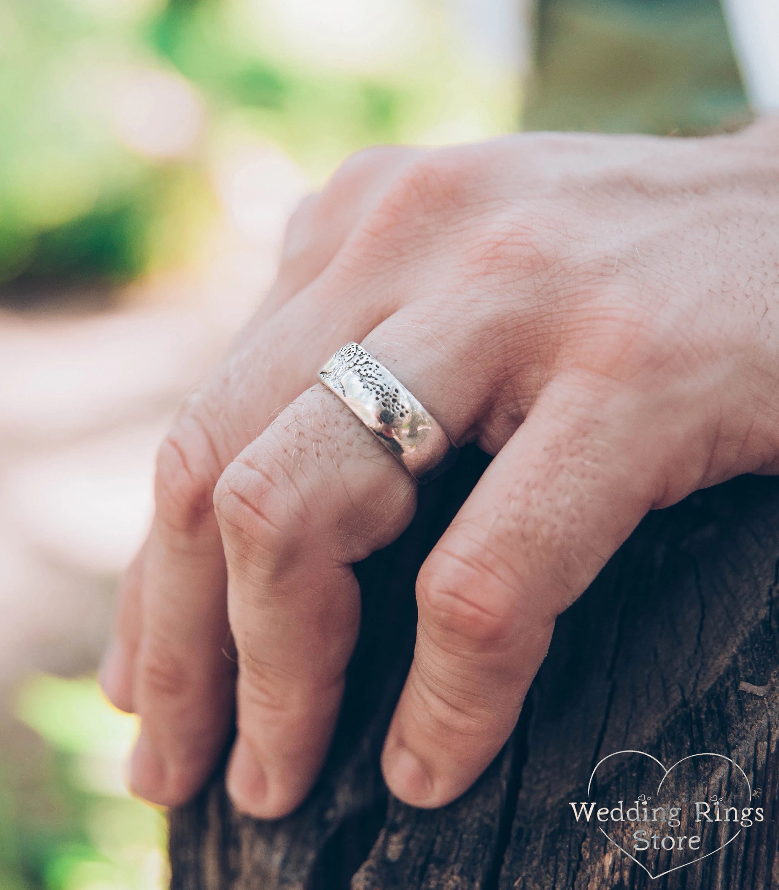 Family Tree Unique Silver Couple Wedding Bands Set