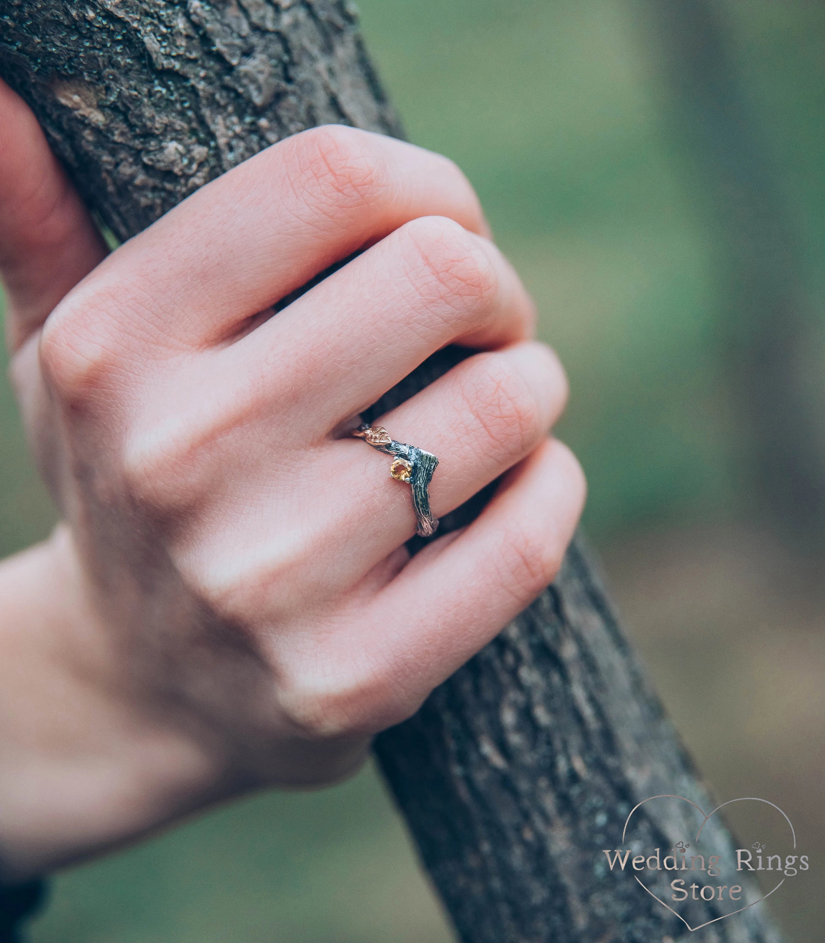 Citrine and Gold Leaf on Silver Twig Engagement V-Ring