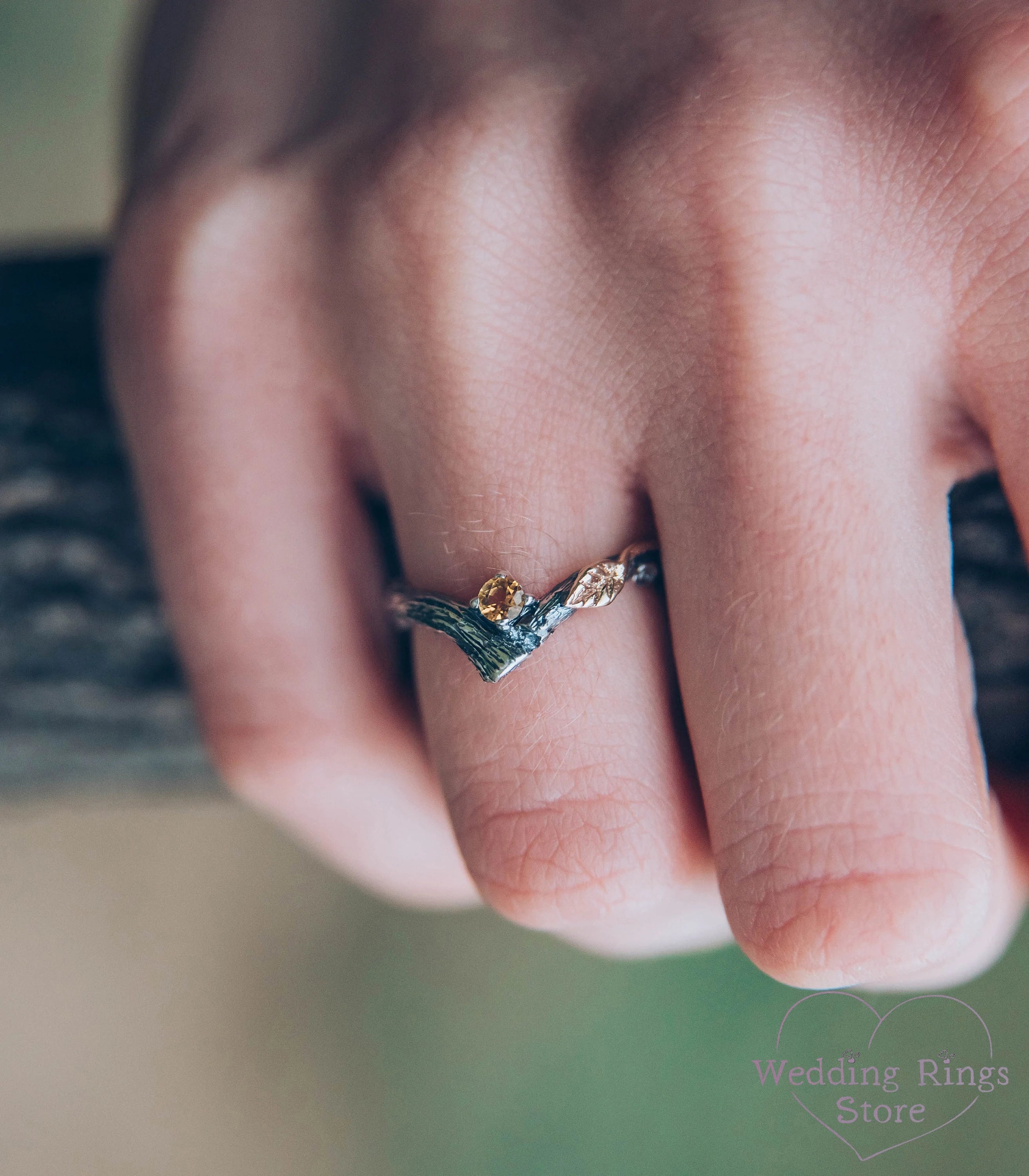 Citrine and Gold Leaf on Silver Twig Engagement V-Ring