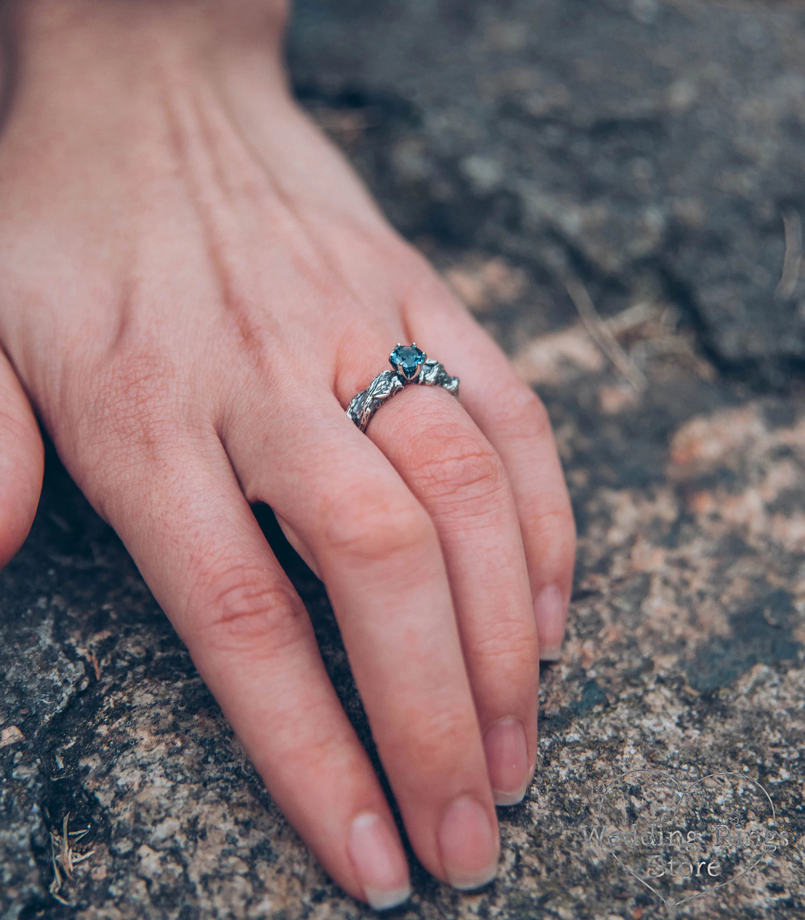 London blue Topaz in Handmade Silver Hammered Engagement Ring