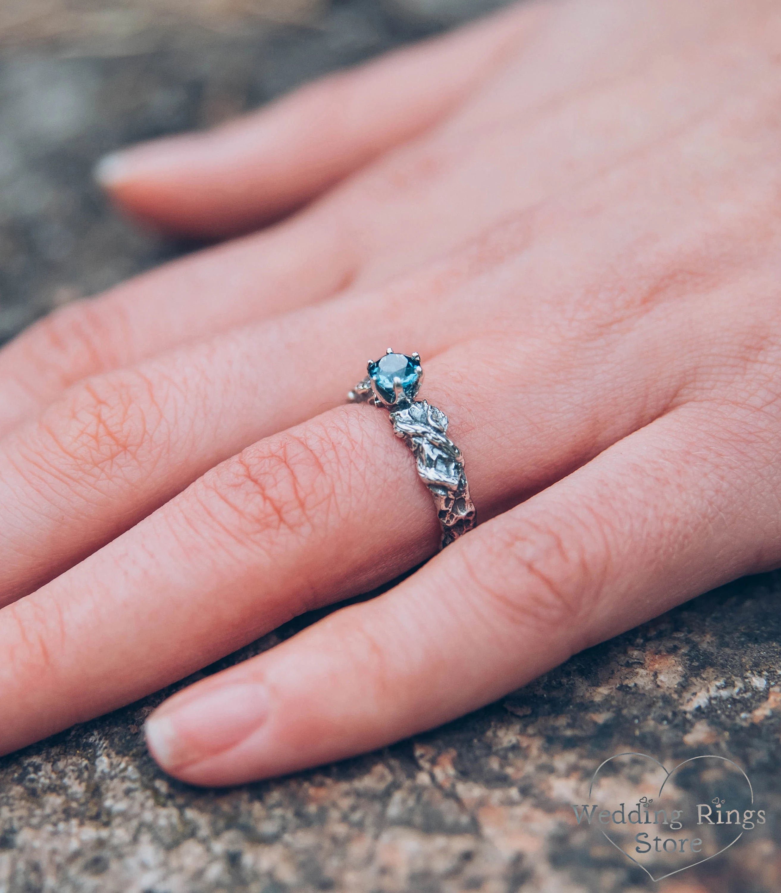 London blue Topaz in Handmade Silver Hammered Engagement Ring