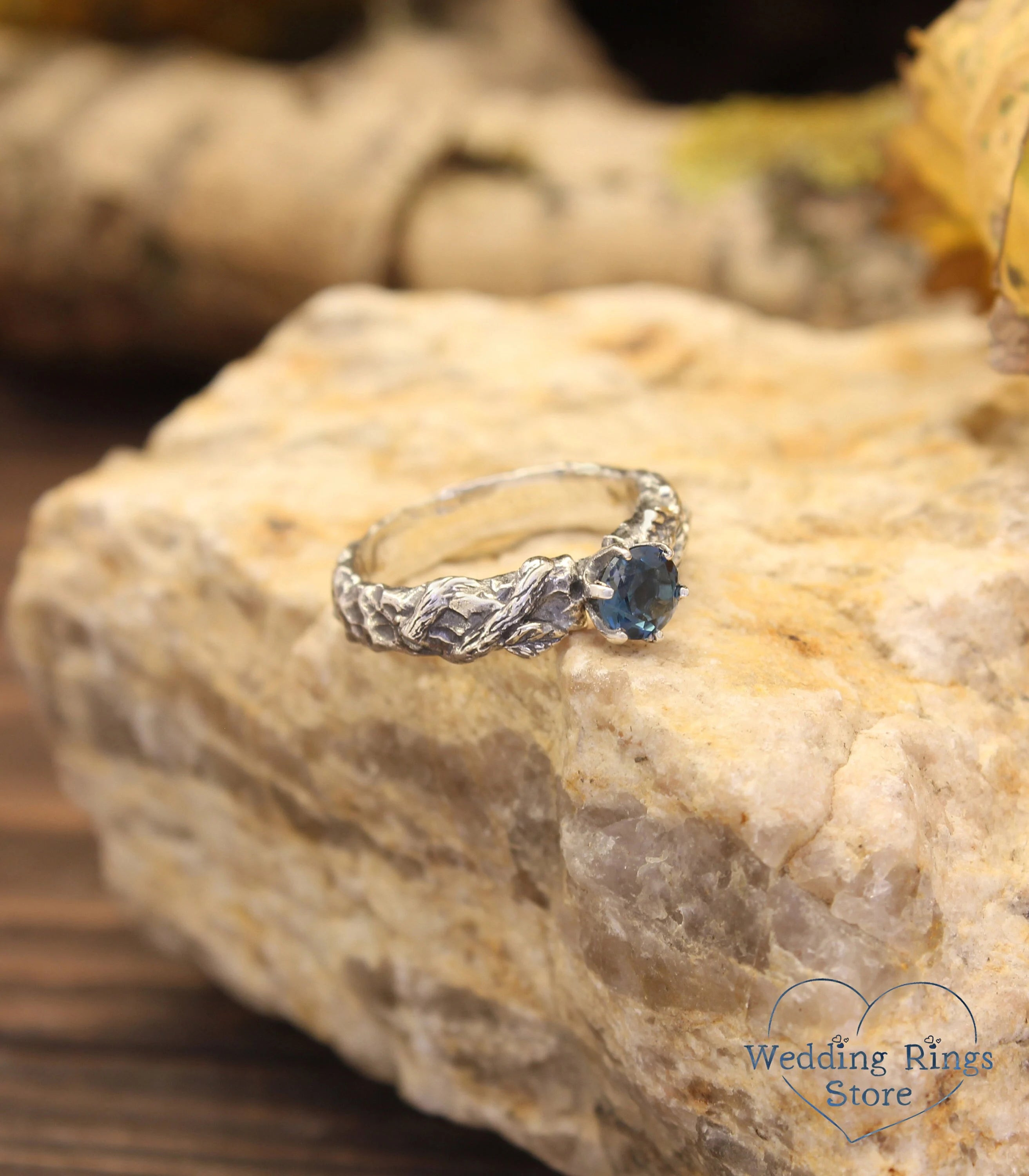 London blue Topaz in Handmade Silver Hammered Engagement Ring