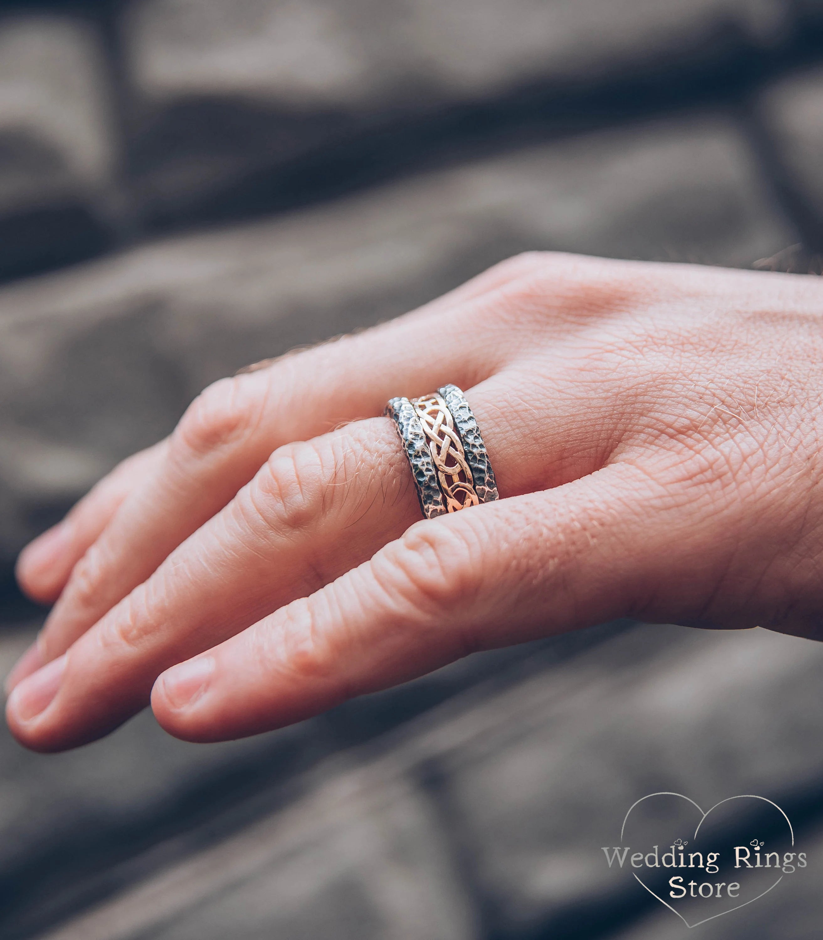 Rocky Hammered durable Silver Band with gold celtic pattern