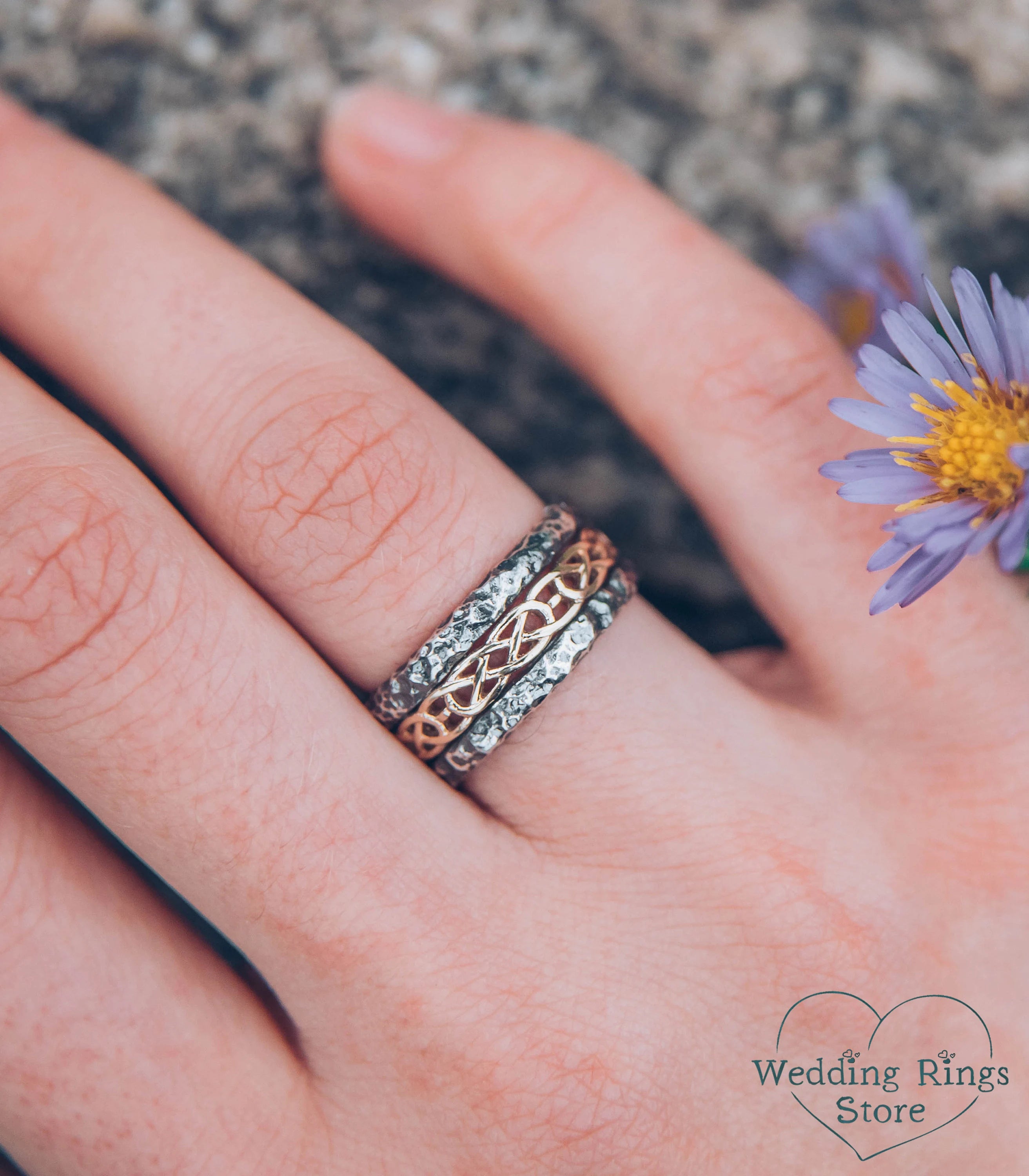 Gold Celtic pattern Hammered Silver Ring