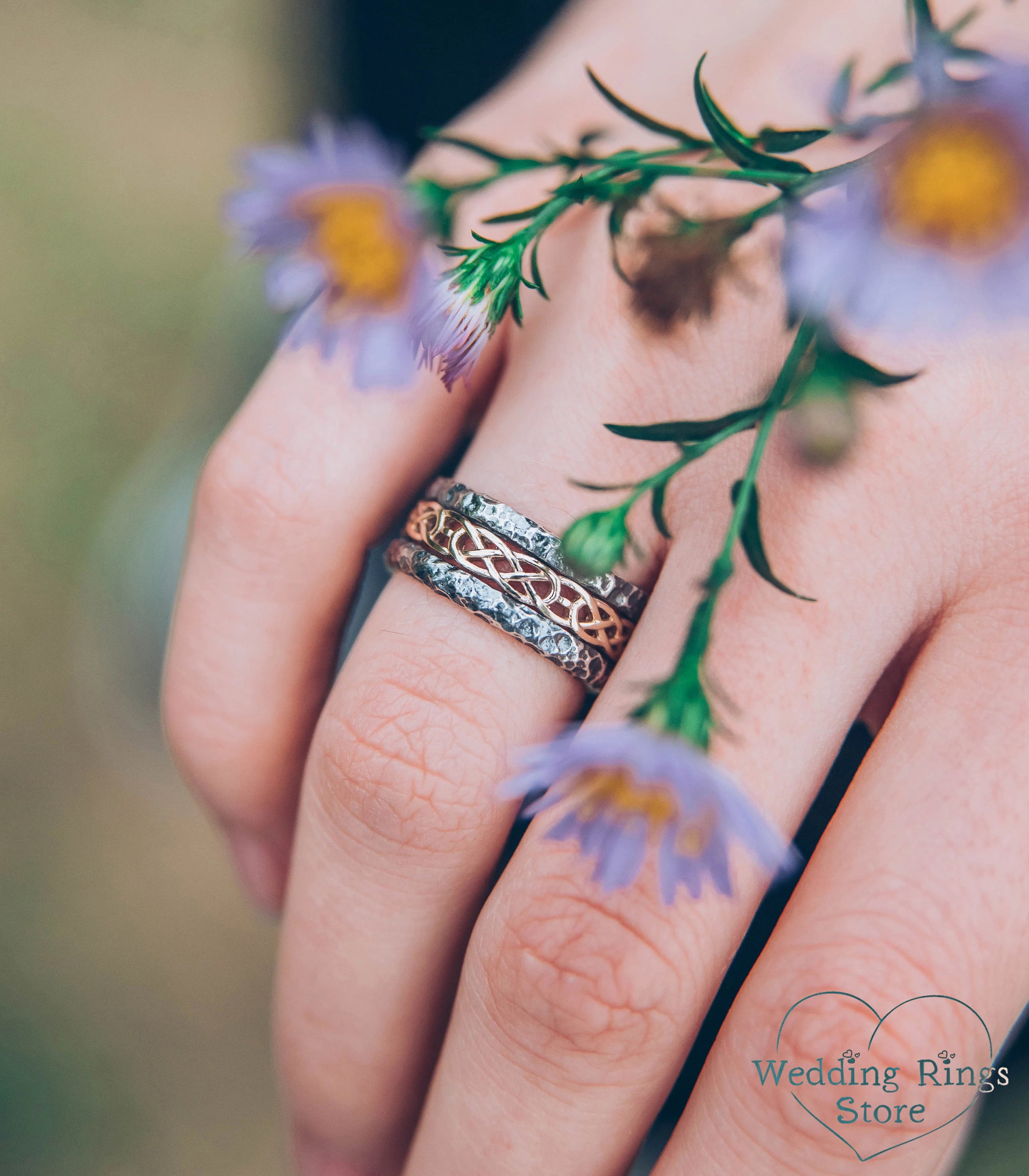 Gold Celtic pattern Hammered Silver Ring