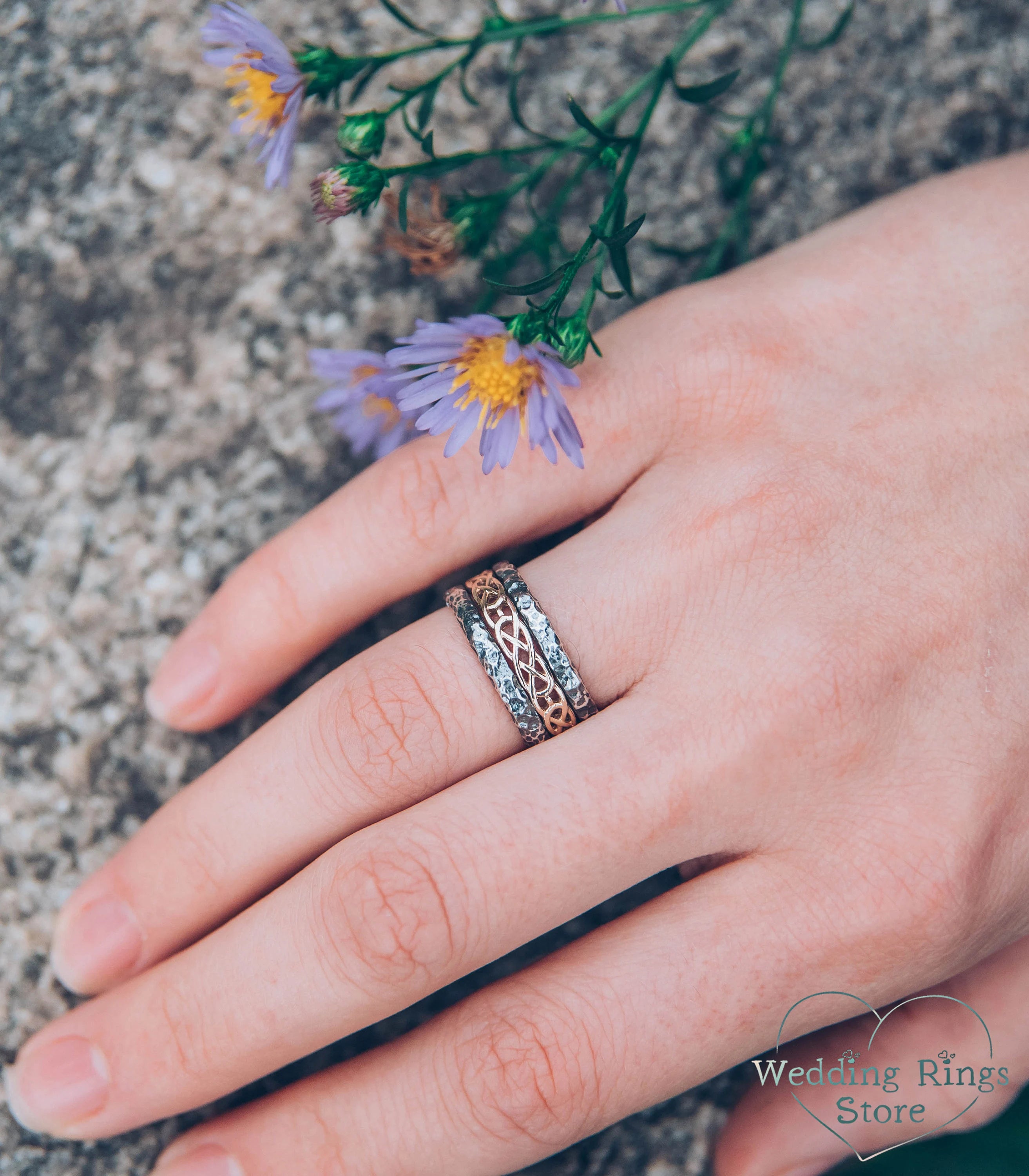 Gold Celtic pattern Hammered Silver Ring