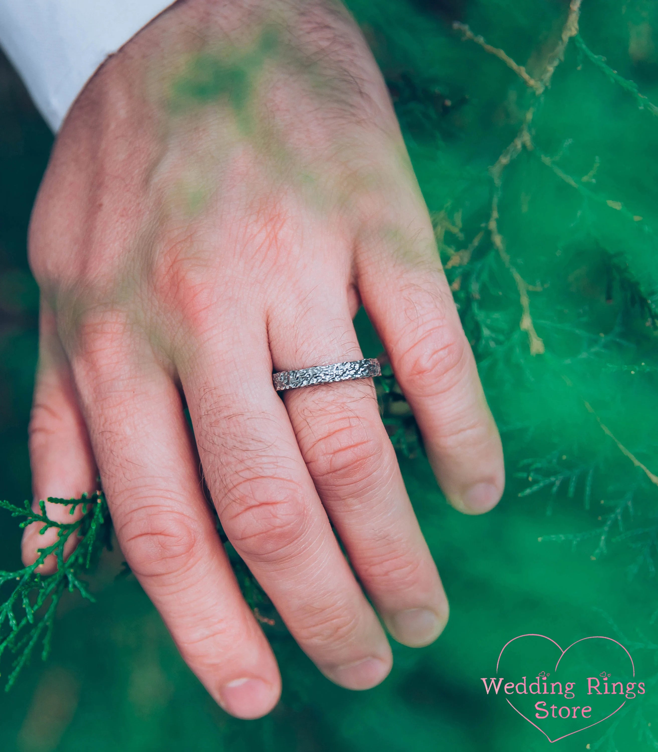 Unusual Form Sterling Silver Hammered Wedding Ring