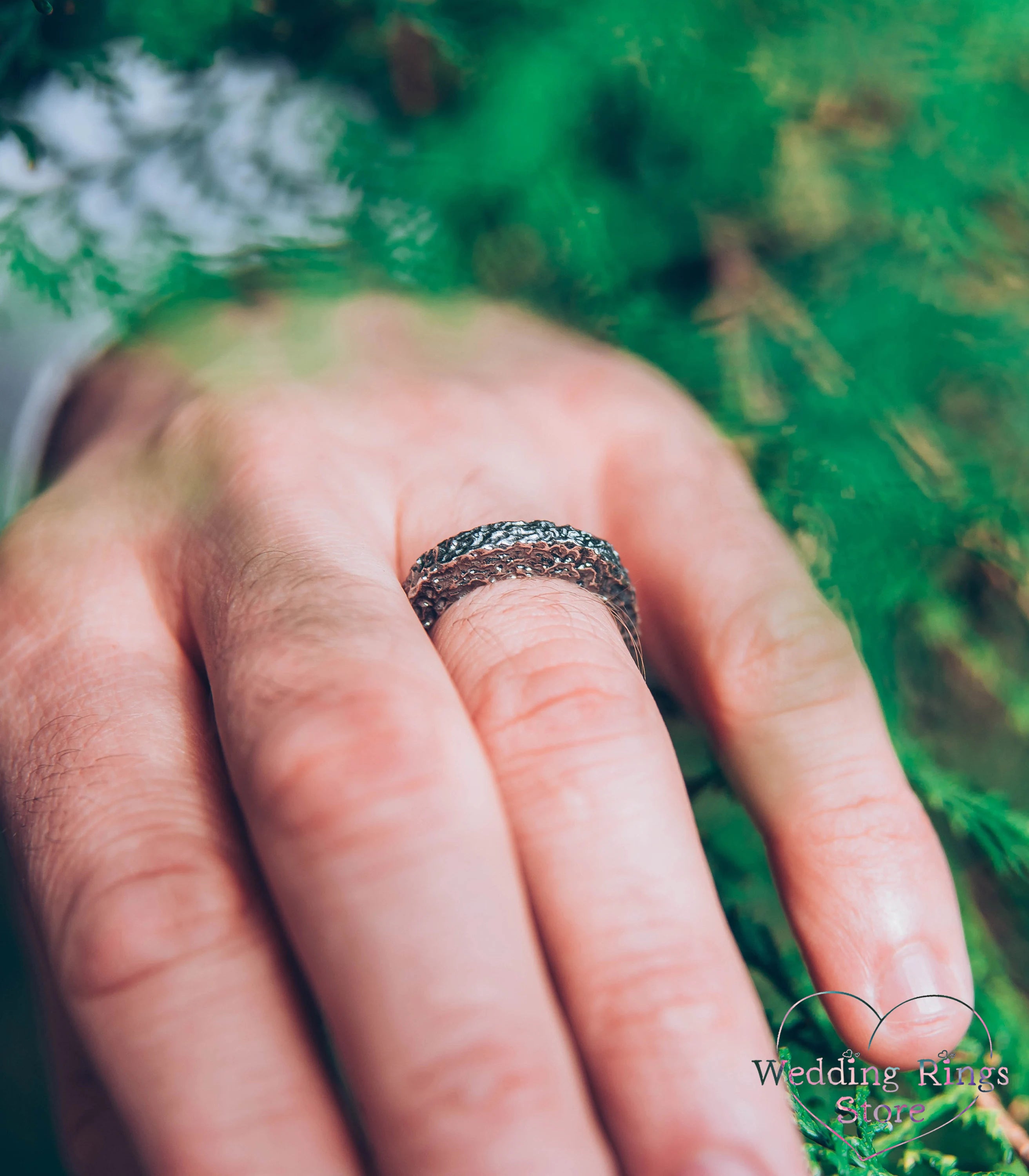 Unusual Form Sterling Silver Hammered Wedding Ring