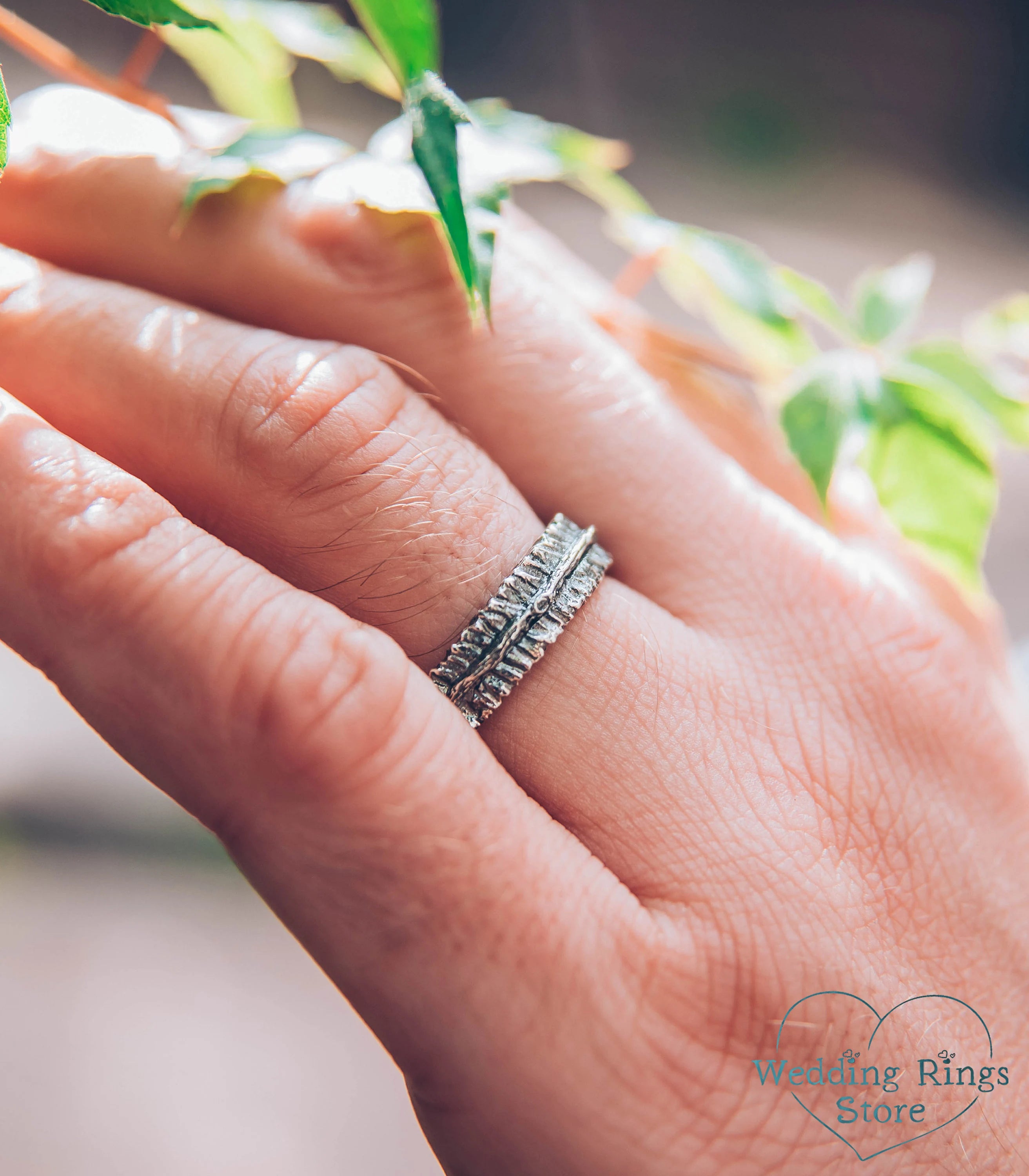 Sterling Silver Woodbark Rustic Style Wedding Band