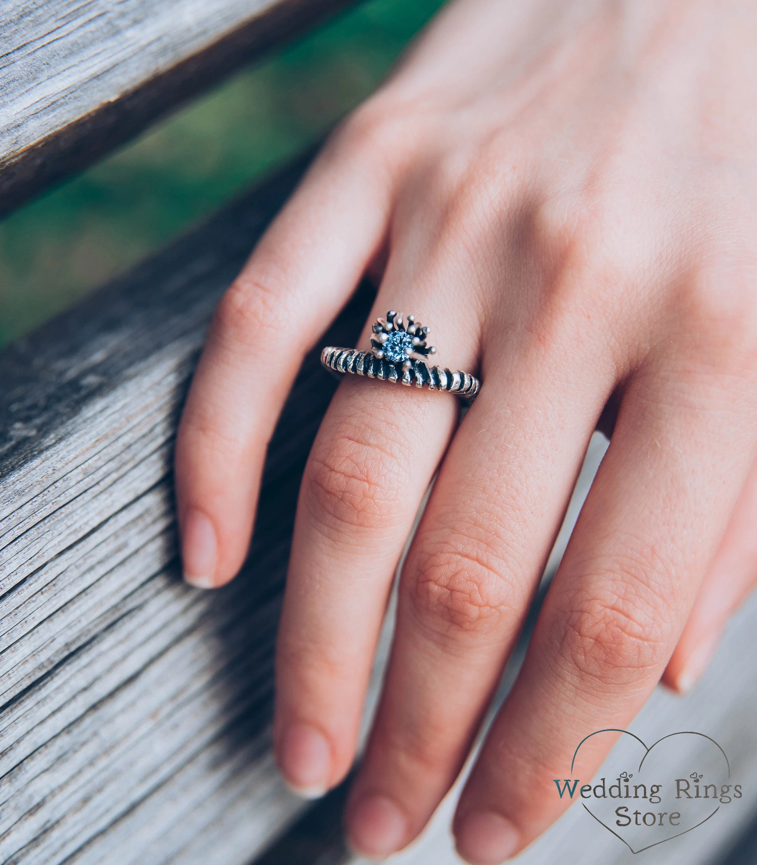 Magic Silver boho Spiked Ring with Swiss Topaz