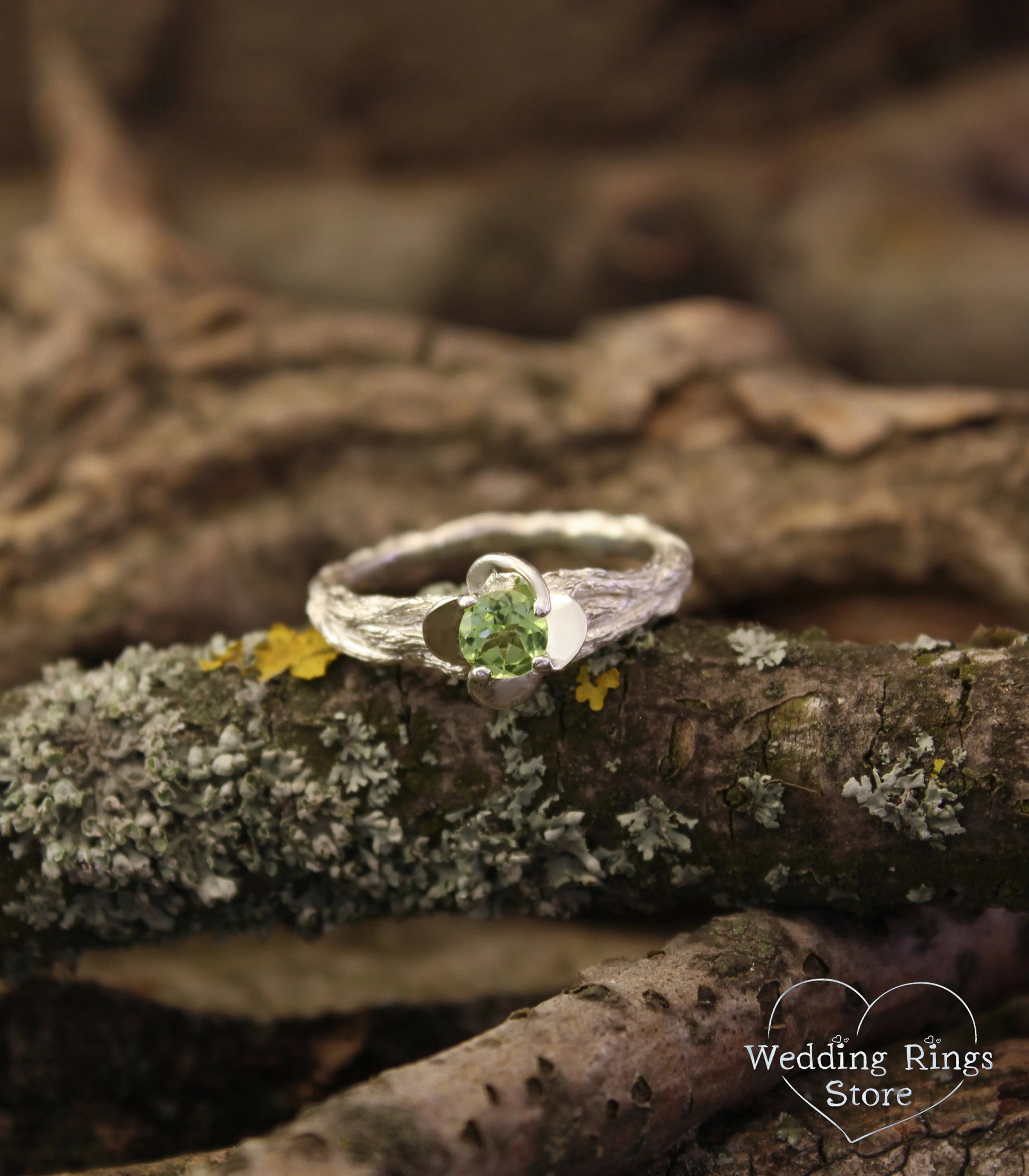 Green Peridot Branch Ring with Flower & Silver petals