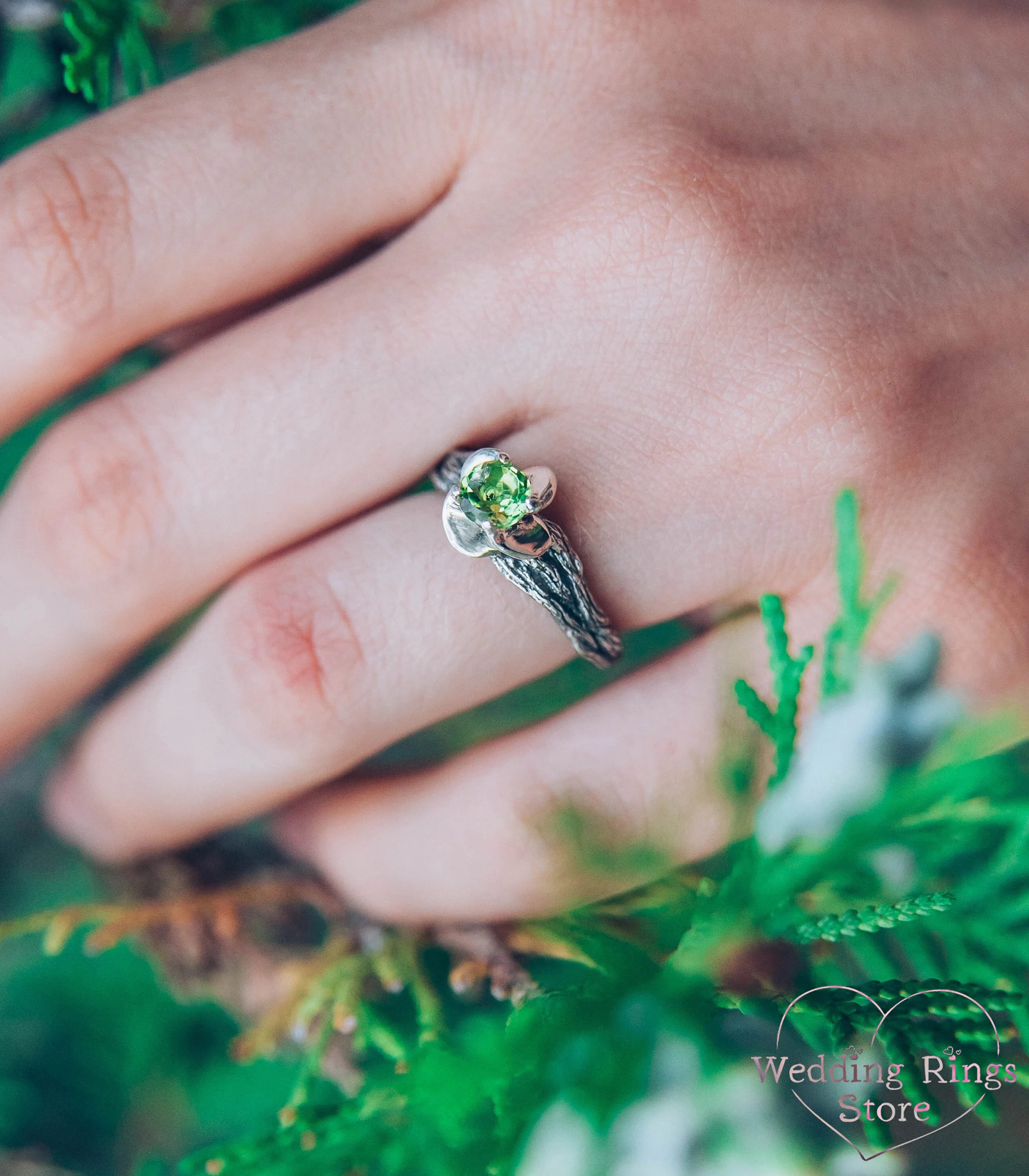 Green Peridot Branch Ring with Flower & Silver petals