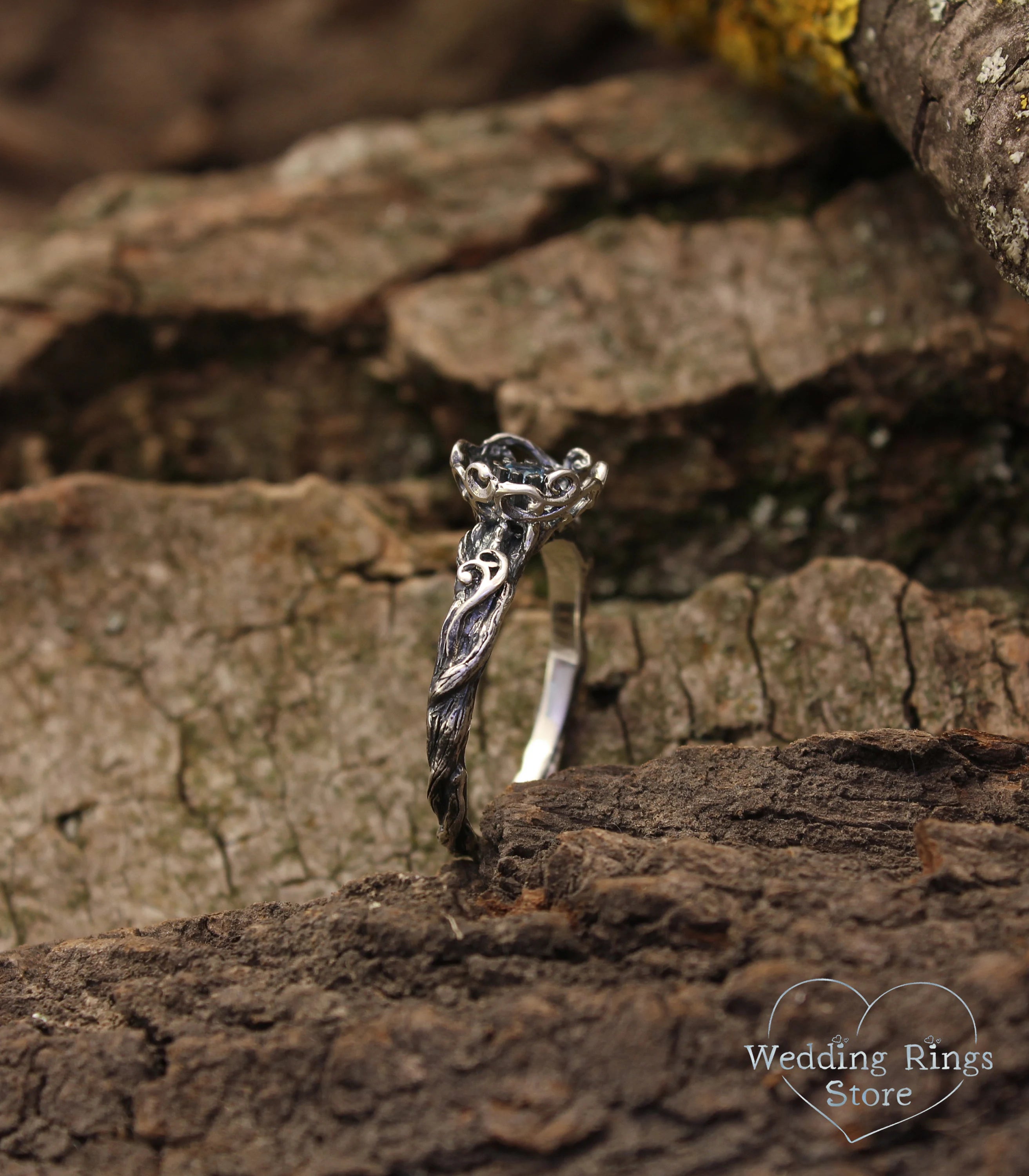 Unique Handmade Silver Floral Ring with dainty Swiss Topaz