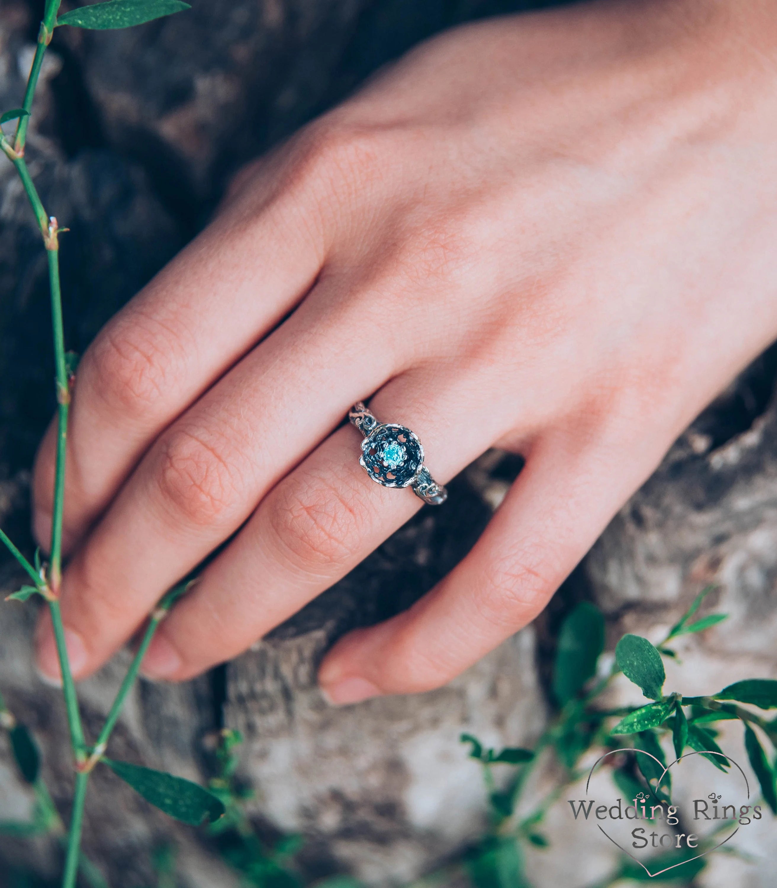 Unique Handmade Silver Floral Ring with dainty Swiss Topaz